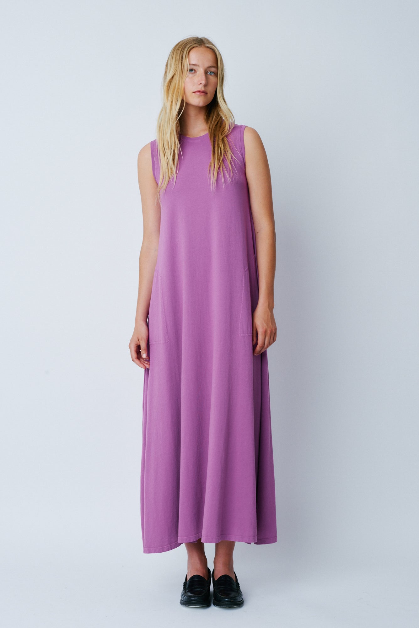Purple Classic Jersey Sleeveless Maxi Drama Dress Full Front View