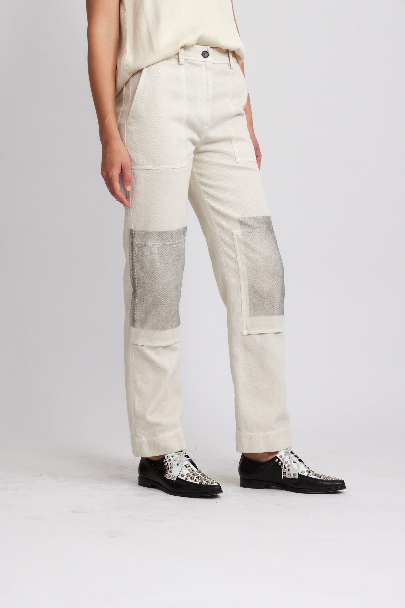 Ivory Black Paint Faille Work Pant Side Close-Up View