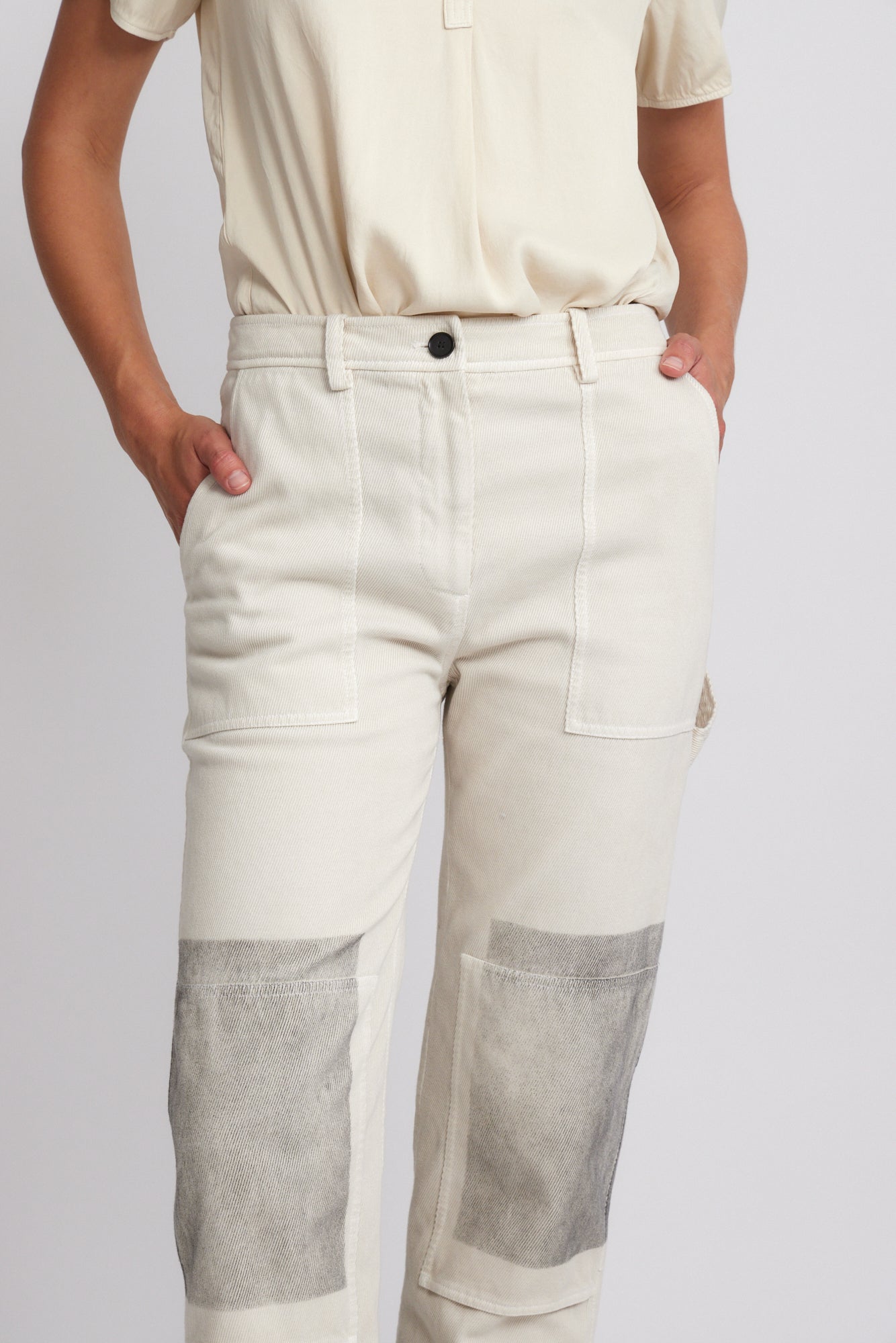Ivory Black Paint Faille Work Pant Front Close-Up View