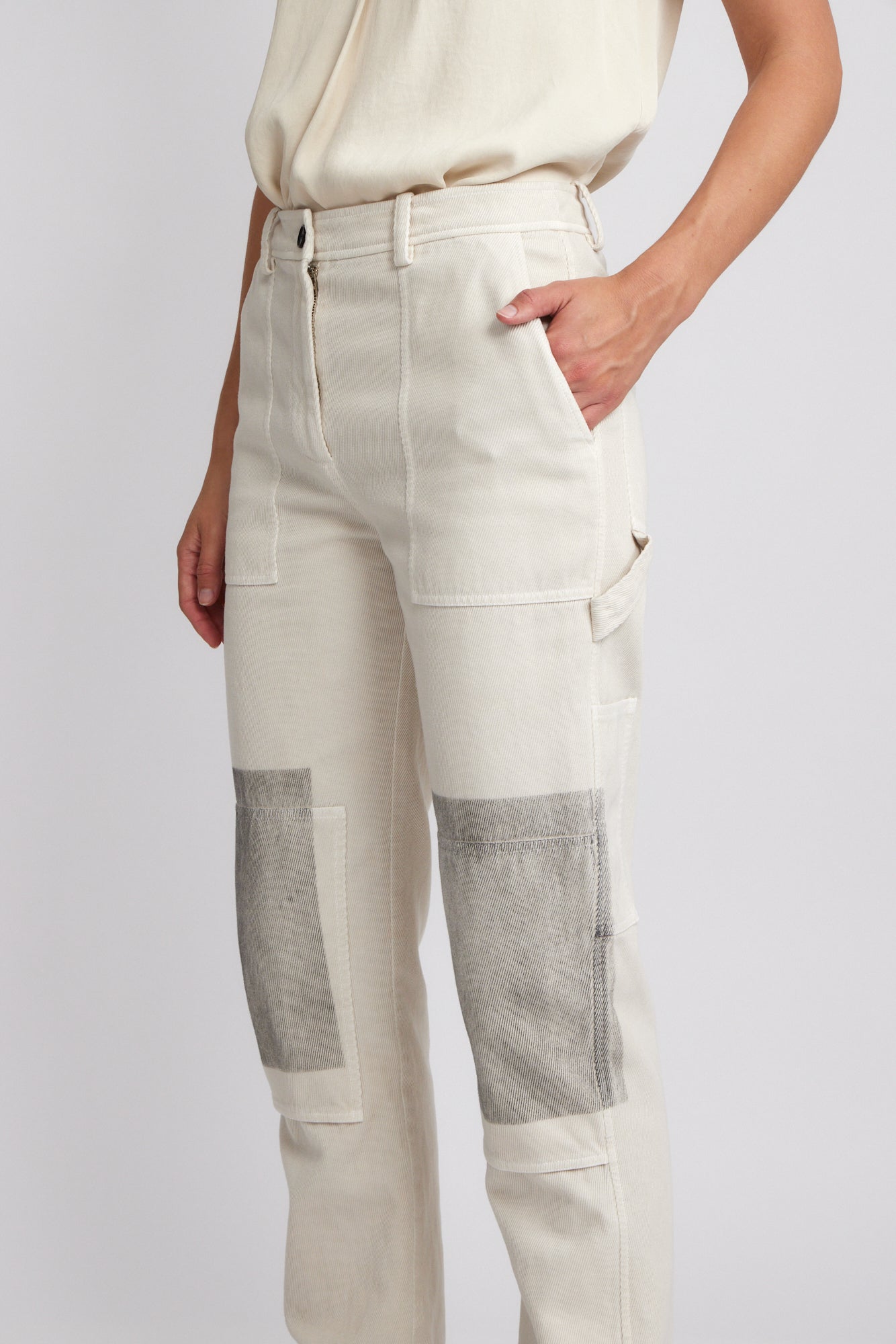 Ivory Black Paint Faille Work Pant Side Close-Up View