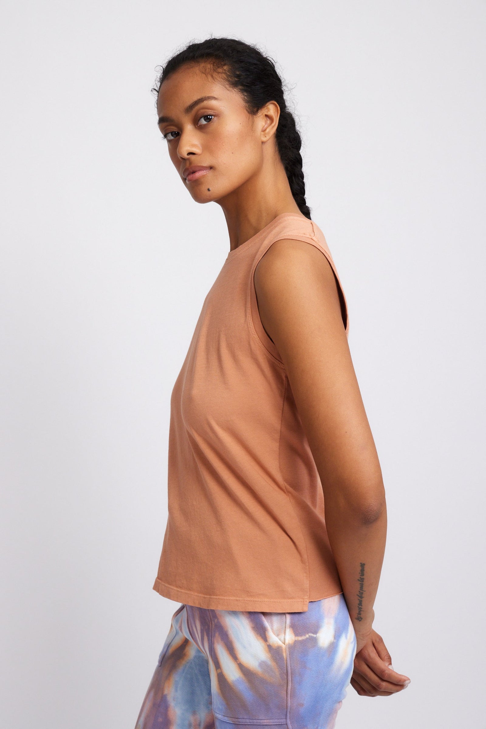 Blush Jersey Fitted Muscle Tank Side Close-Up View
