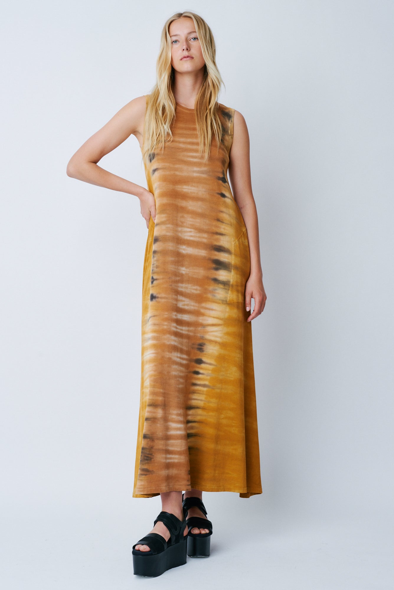 Bengal Tiger Tie Dye Classic Jersey Sleeveless Drama Maxi Dress Full Front View