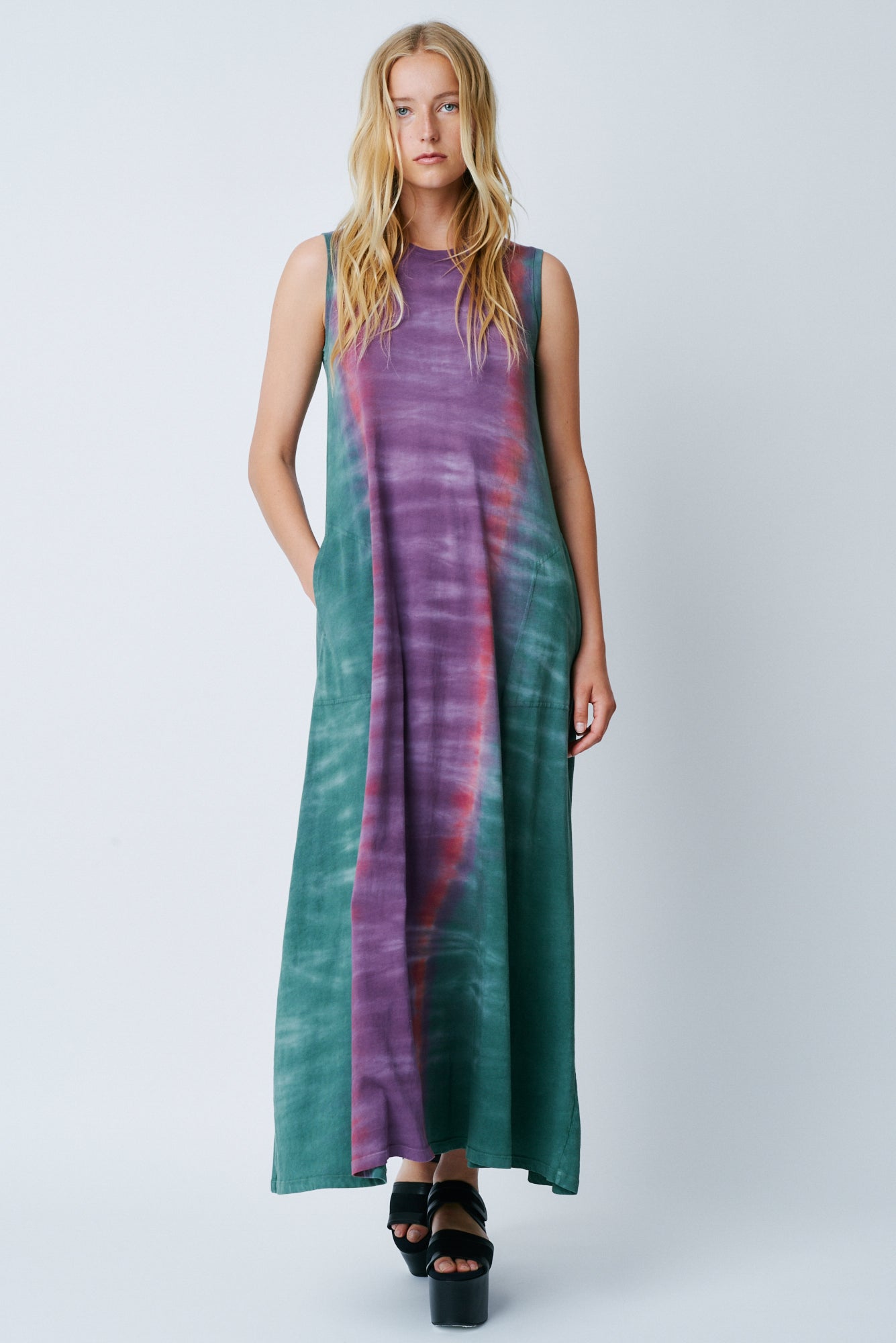 Fantasy Tiger Tie Dye Classic Jersey Sleeveless Drama Maxi Dress Full Front View