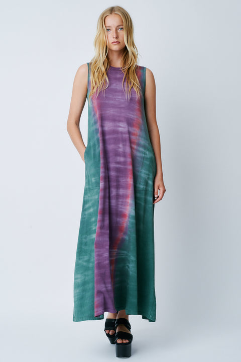 Fantasy Tiger Tie Dye Classic Jersey Sleeveless Drama Maxi Dress Full Front View   View 1 