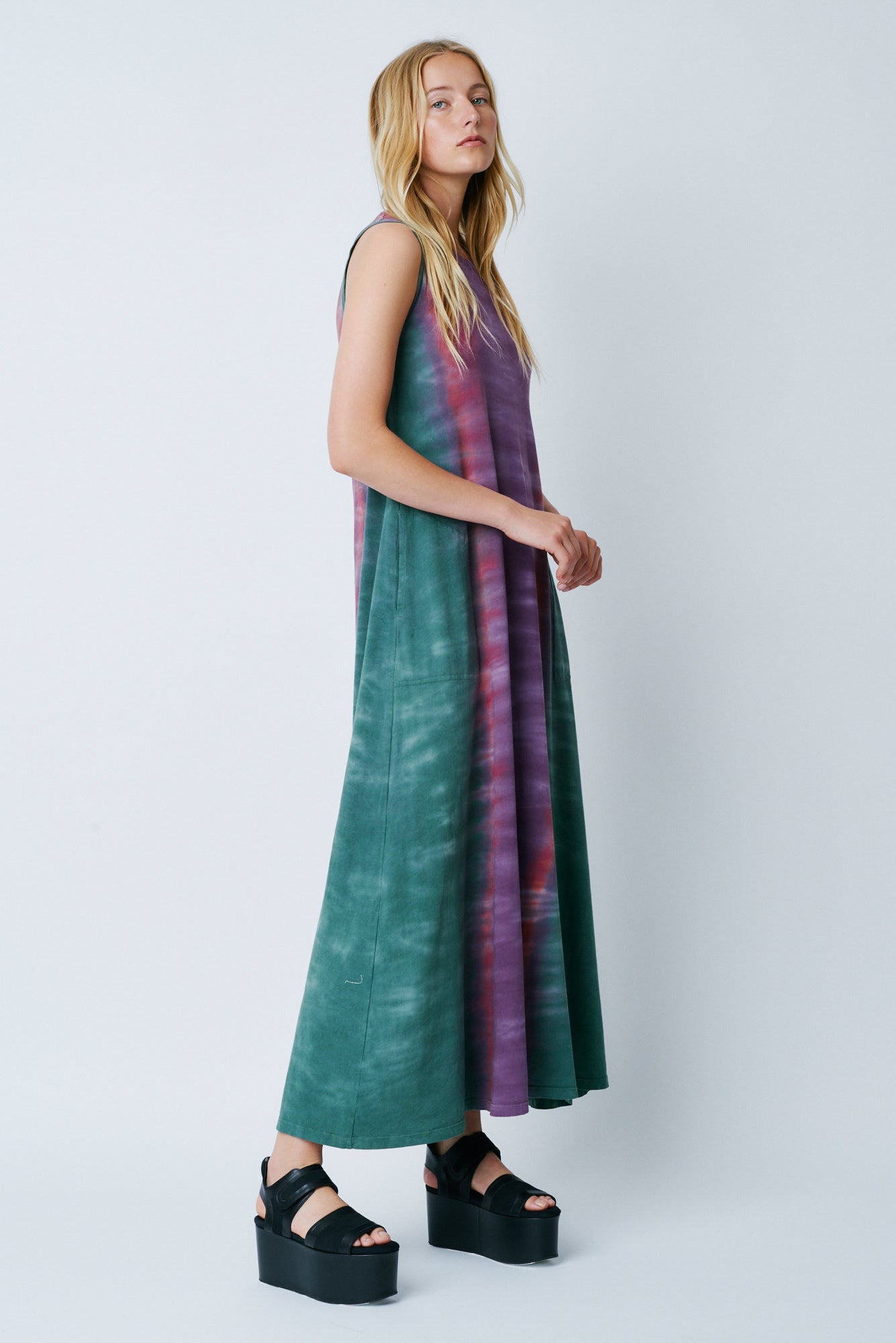 Fantasy Tiger Tie Dye Classic Jersey Sleeveless Drama Maxi Dress Full Side View