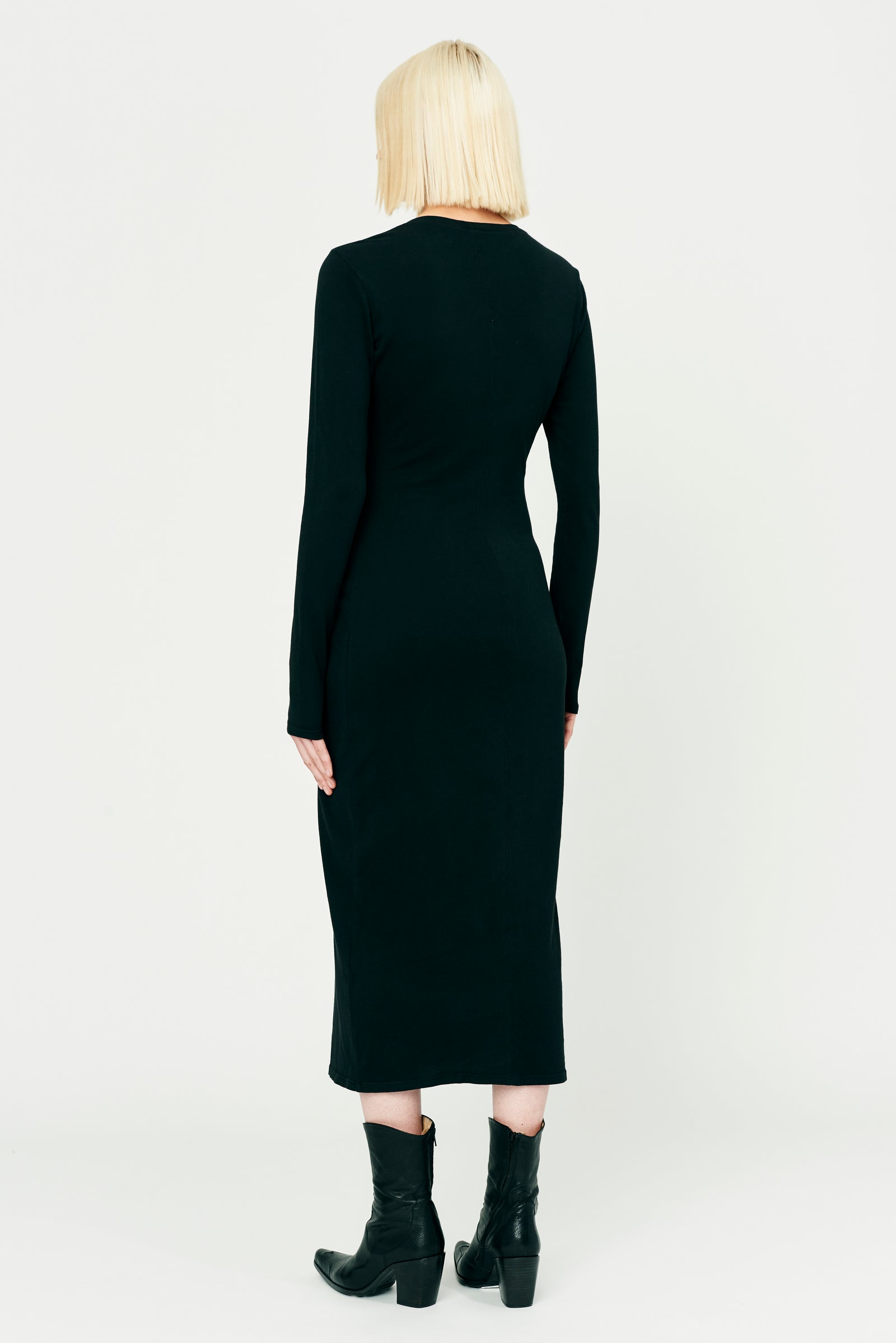 Black Classic Jersey Fitted Long Sleeve Dress Full Back View