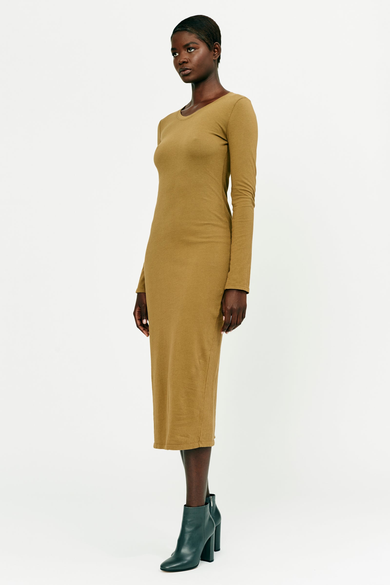 Tobacco Classic Jersey Fitted Long Sleeve Dress Full Side View