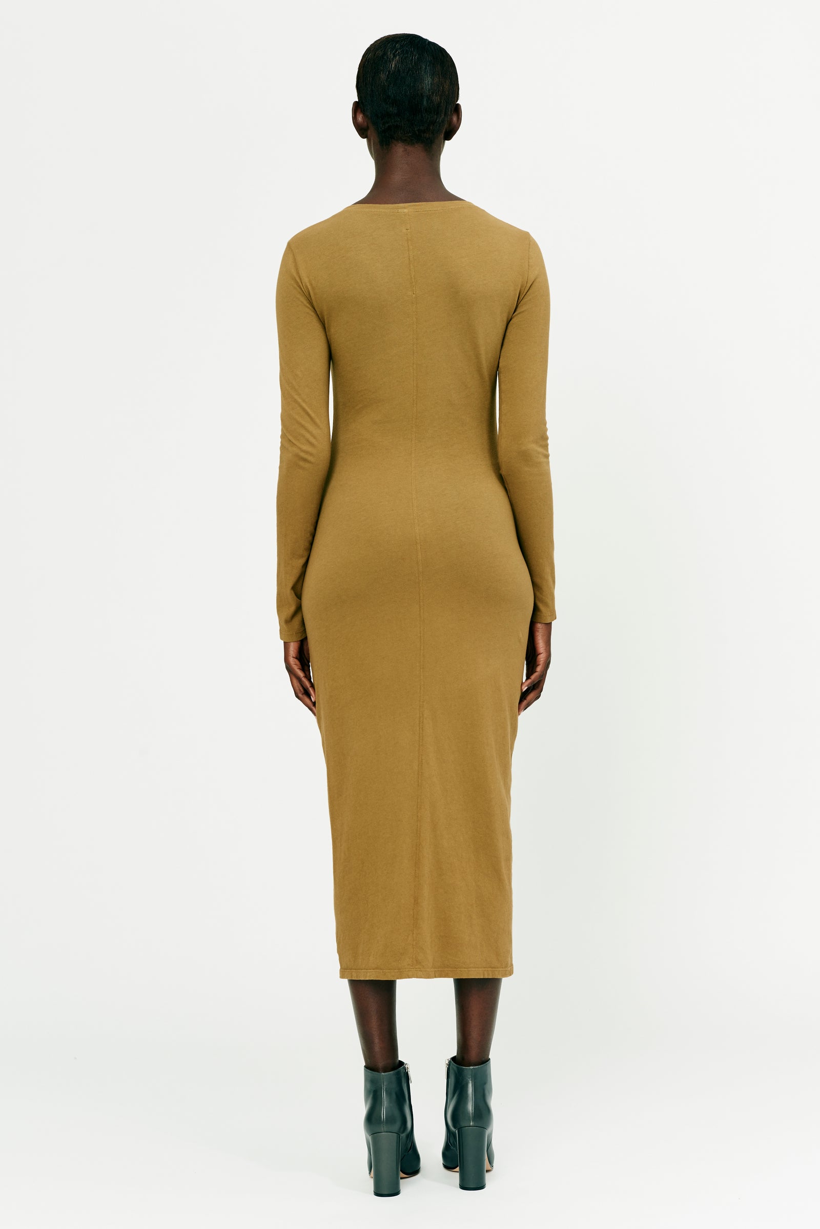 Tobacco Classic Jersey Fitted Long Sleeve Dres  Full Back View
