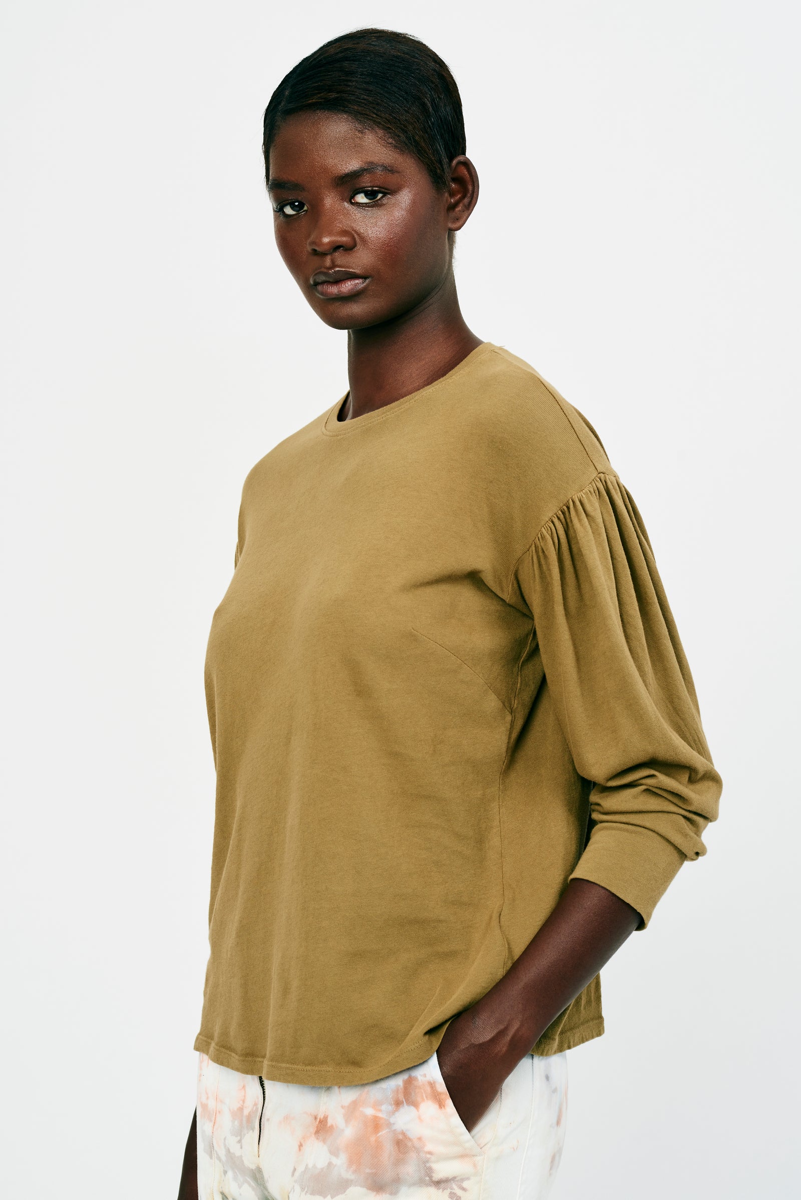 Tobacco Classic Jersey Simone Sleeve Top Side Close-Up View