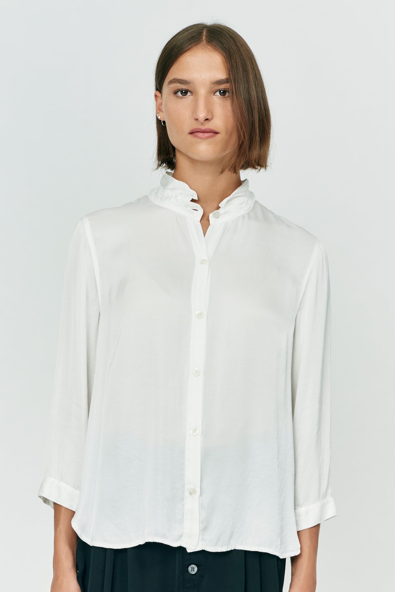 Washed White Ghost Ranch Matte Satin Essential Blouse Front Close-Up View