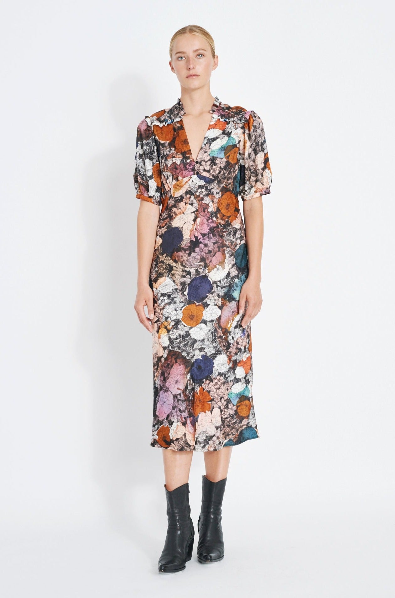Flower Medley Print Silk Jacquard Bella Dress Full Front View