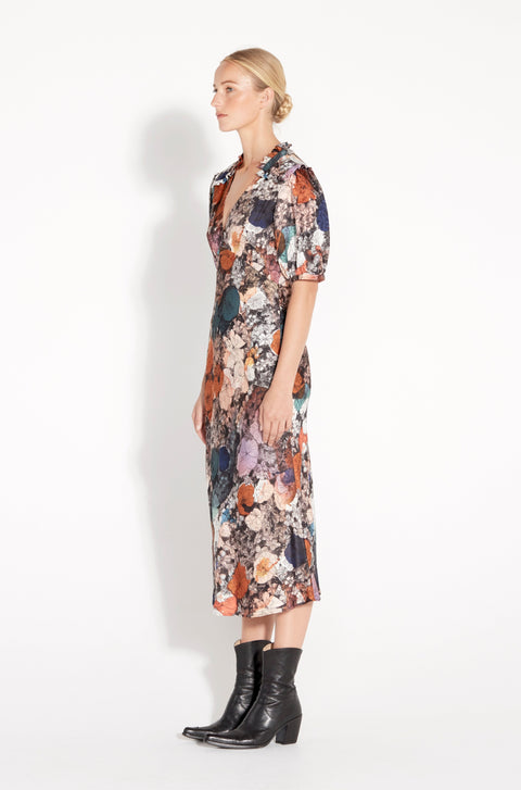 Flower Medley Print Silk Jacquard Bella Dress RA-DRESS ARCHIVE-HOLIDAY'22      View 3 