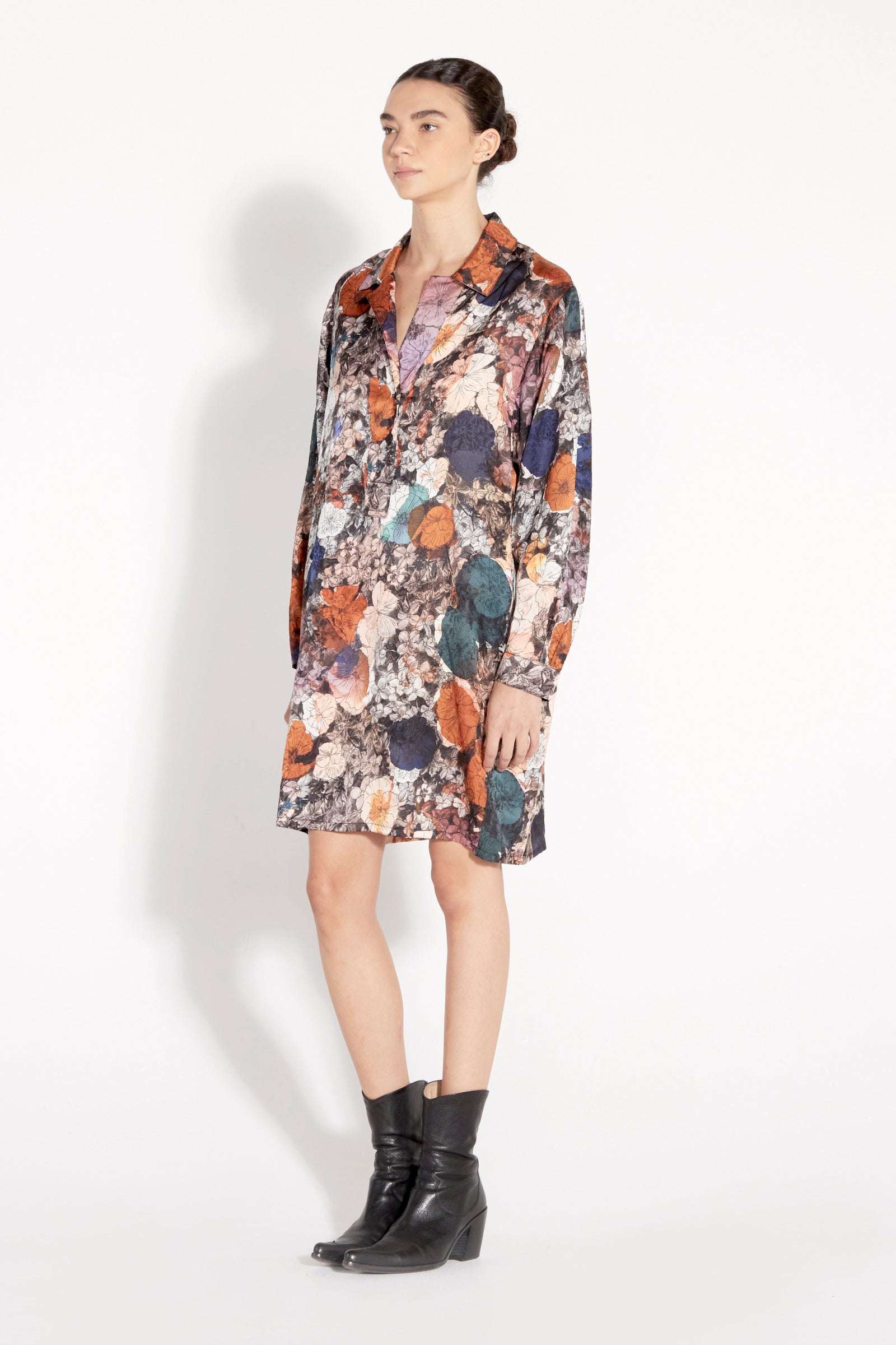 Flower Medley Print Silk Jacquard Brooke Dress Full Side View