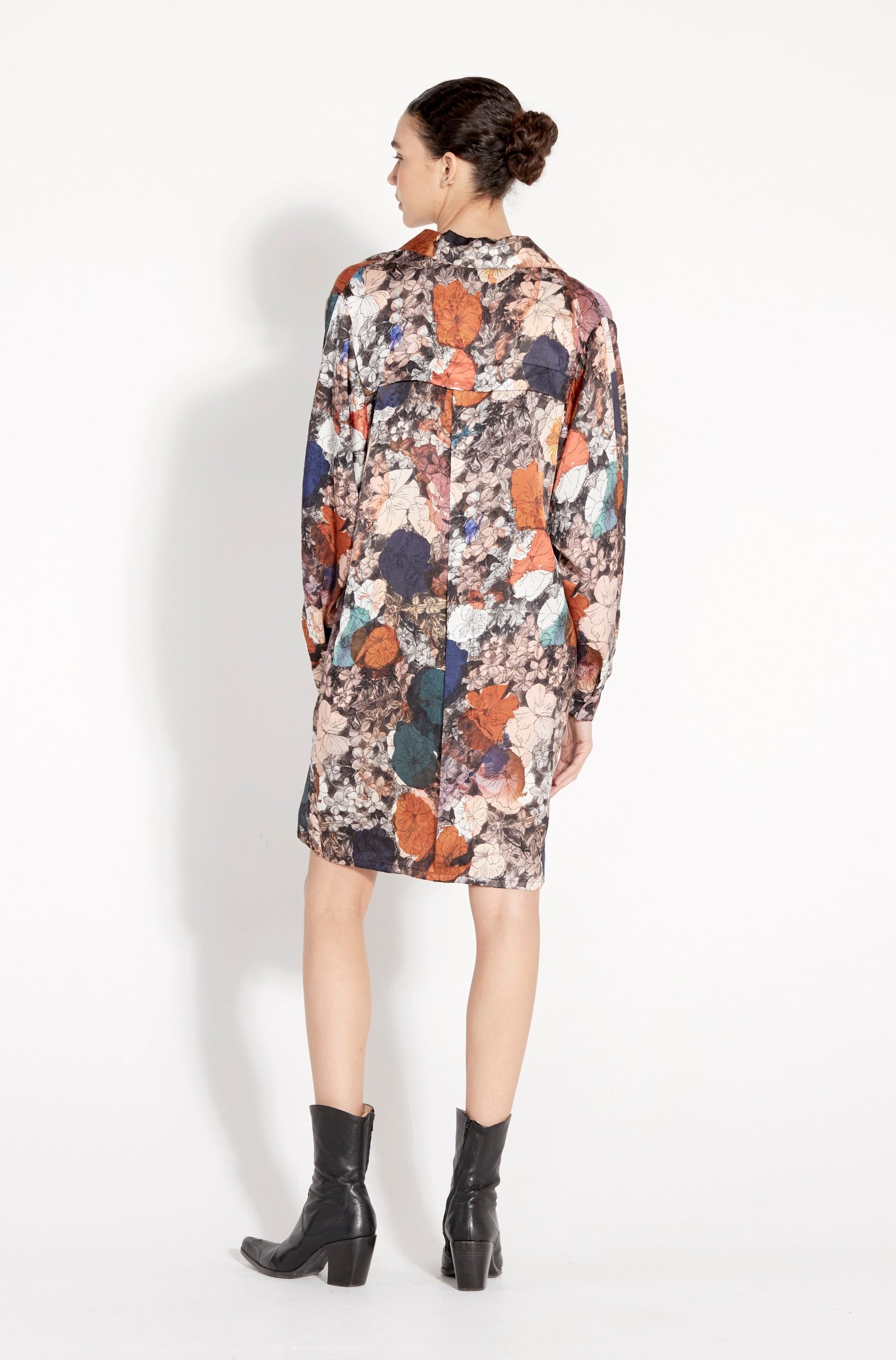 Flower Medley Print Silk Jacquard Brooke Dress Full Back View