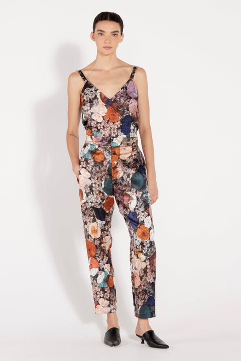 Flower Medley Print Silk Jacquard Jerry Pant Full Front View   View 1 