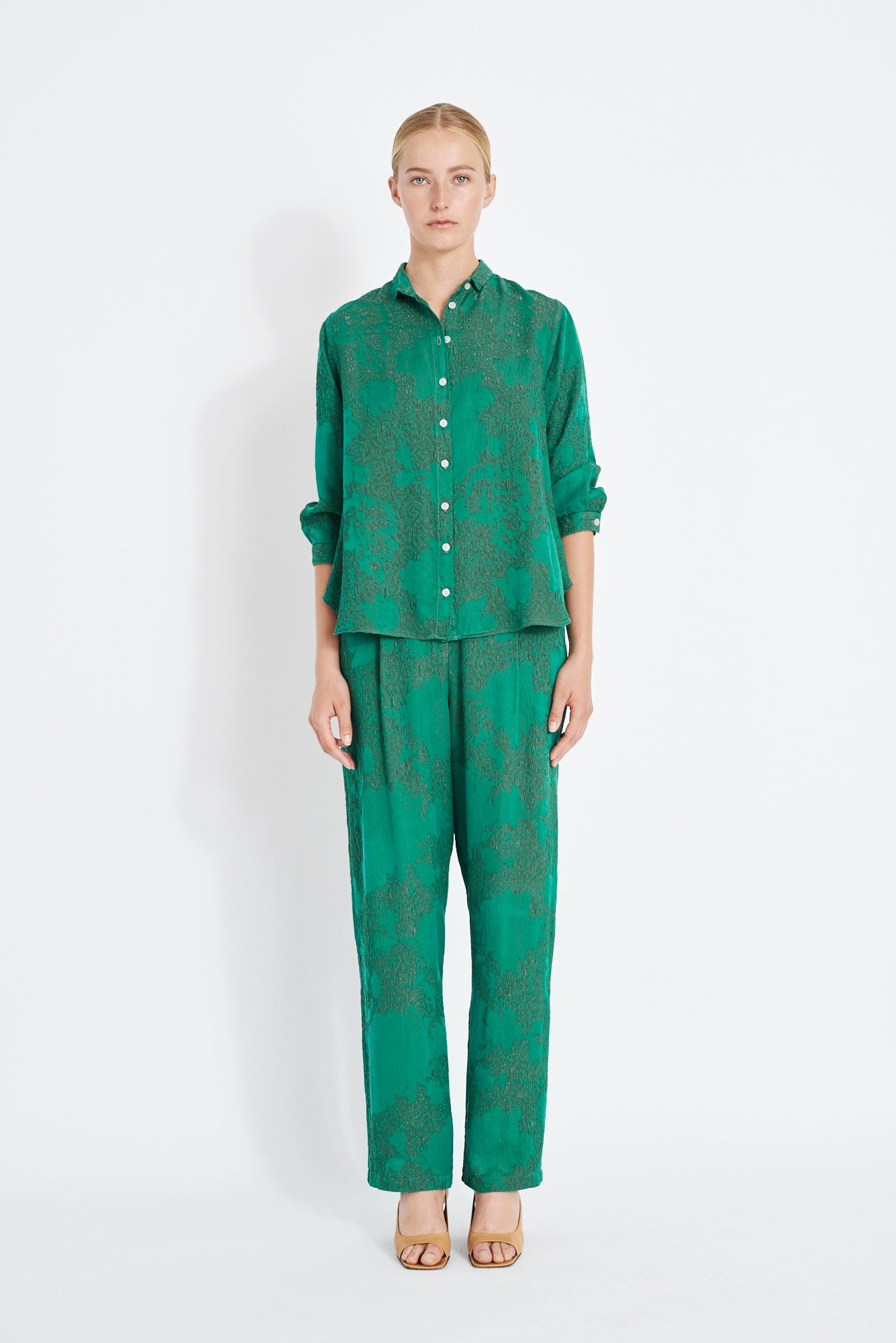 Emerald Silk Jacquard Lauren Blouse Full Front View
