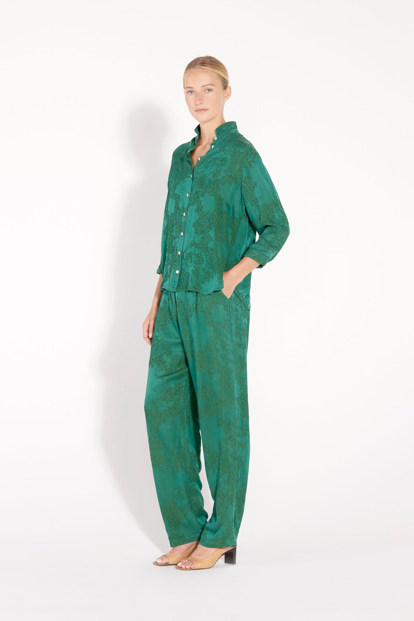 Emerald Silk Jacquard Lauren Blouse Full Side View