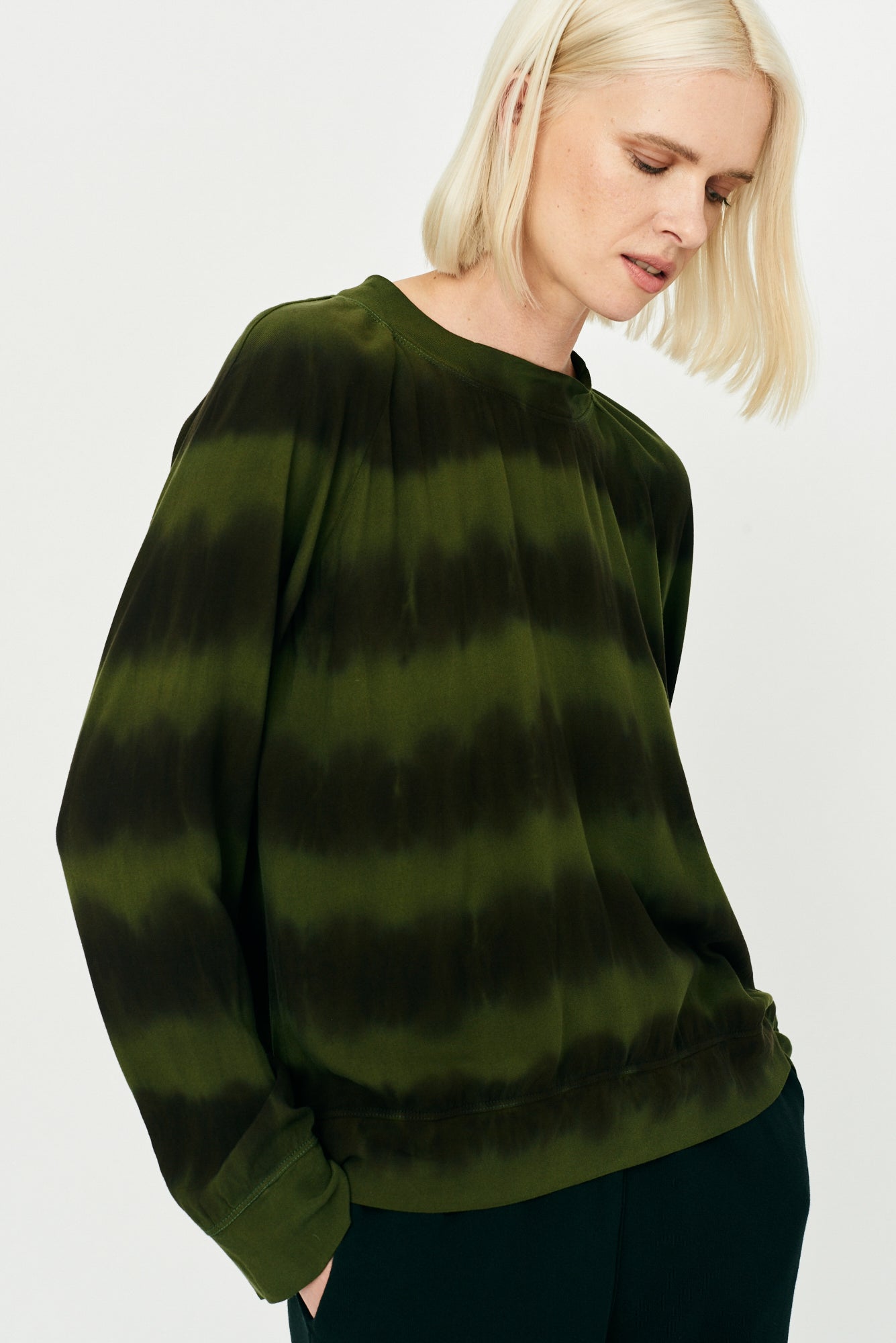 Forest Black and Stripes Tie Dye Ghost Ranch Soft Twill Raglan Sweatshirt Front Close-Up View