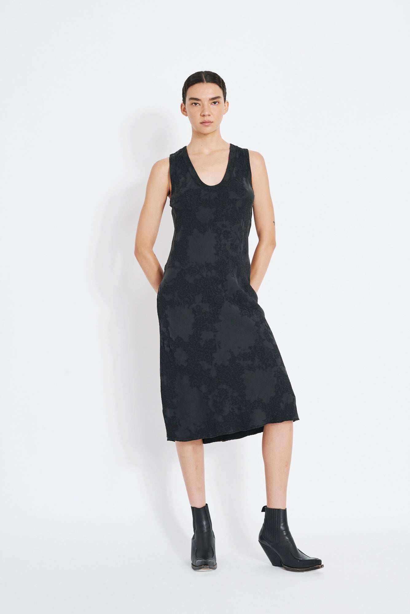 Black Silk Jacquard Kennedy Midi Dress Full Front View