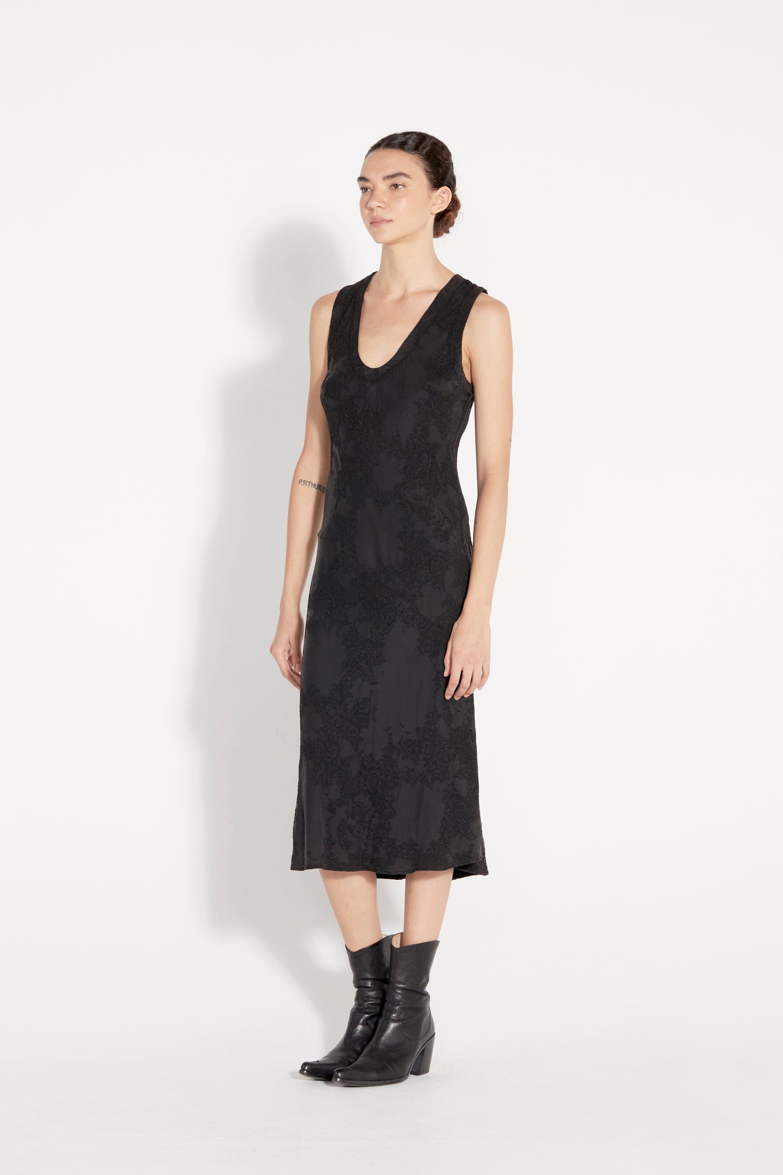 Black Silk Jacquard Kennedy Midi Dress Full Side View