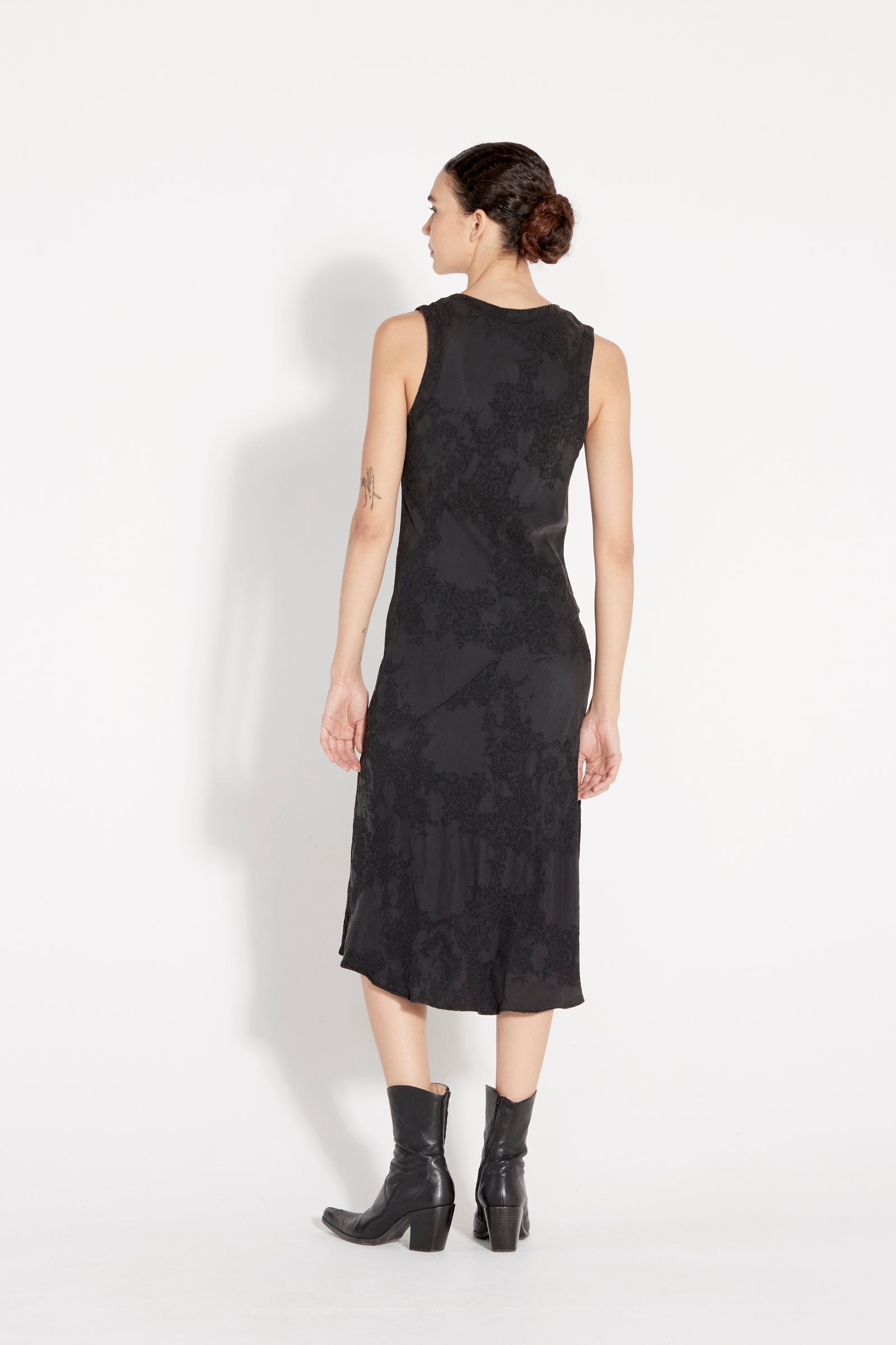 Black Silk Jacquard Kennedy Midi Dress Full Back View