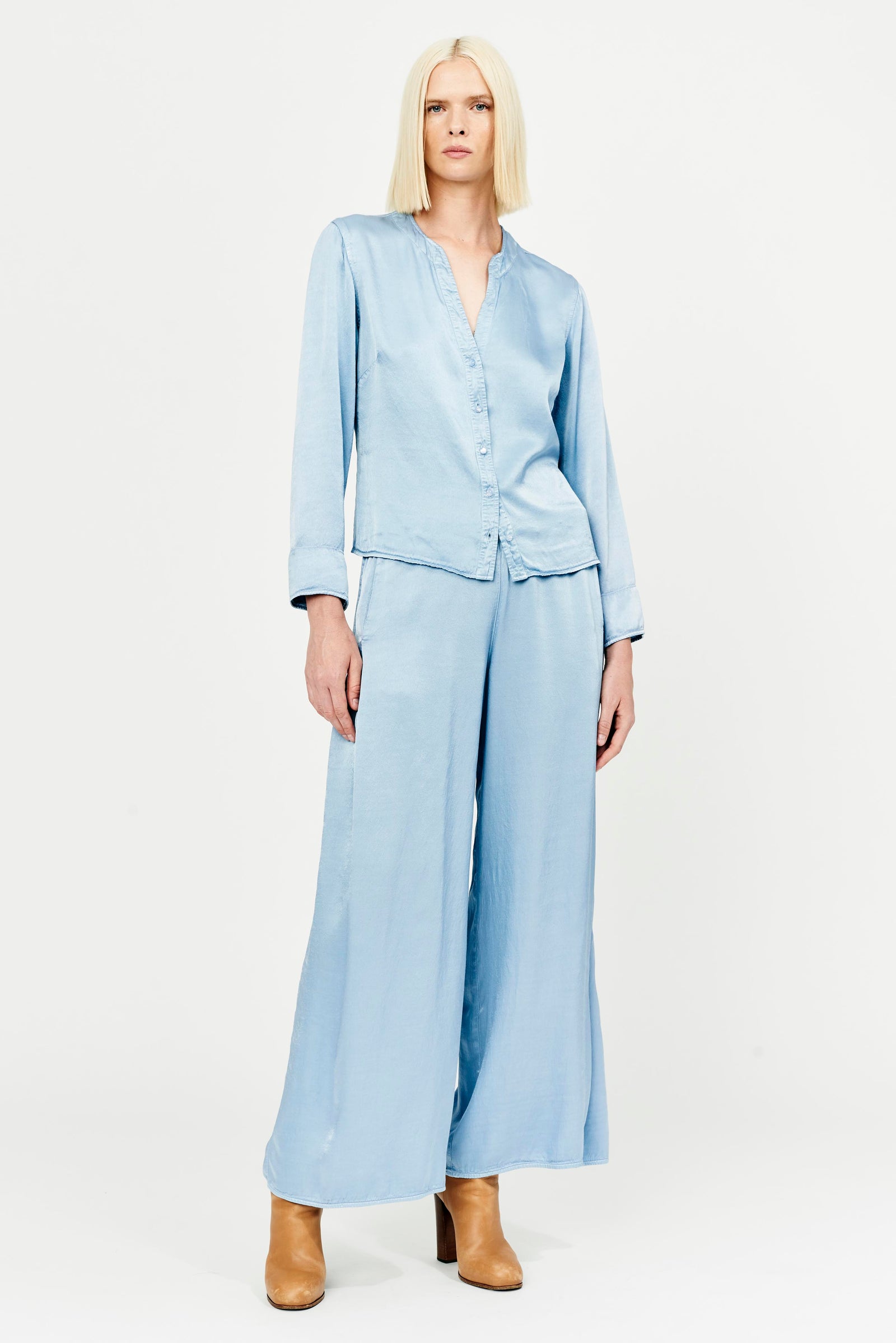 Sky Pebble Satin Duster Pant Full Front View