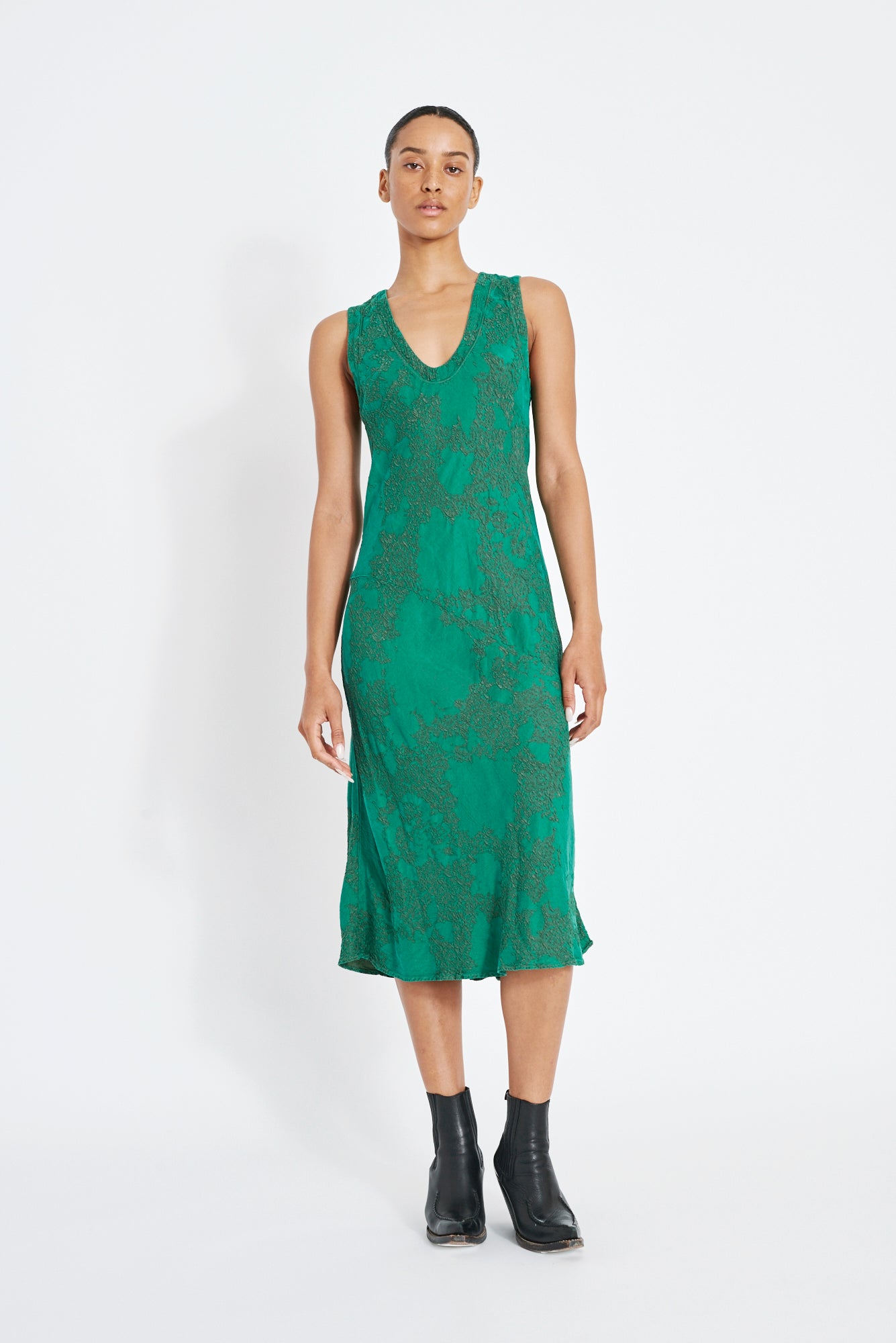 Emerald Silk Jacquard Kennedy Midi Dress Full Front View