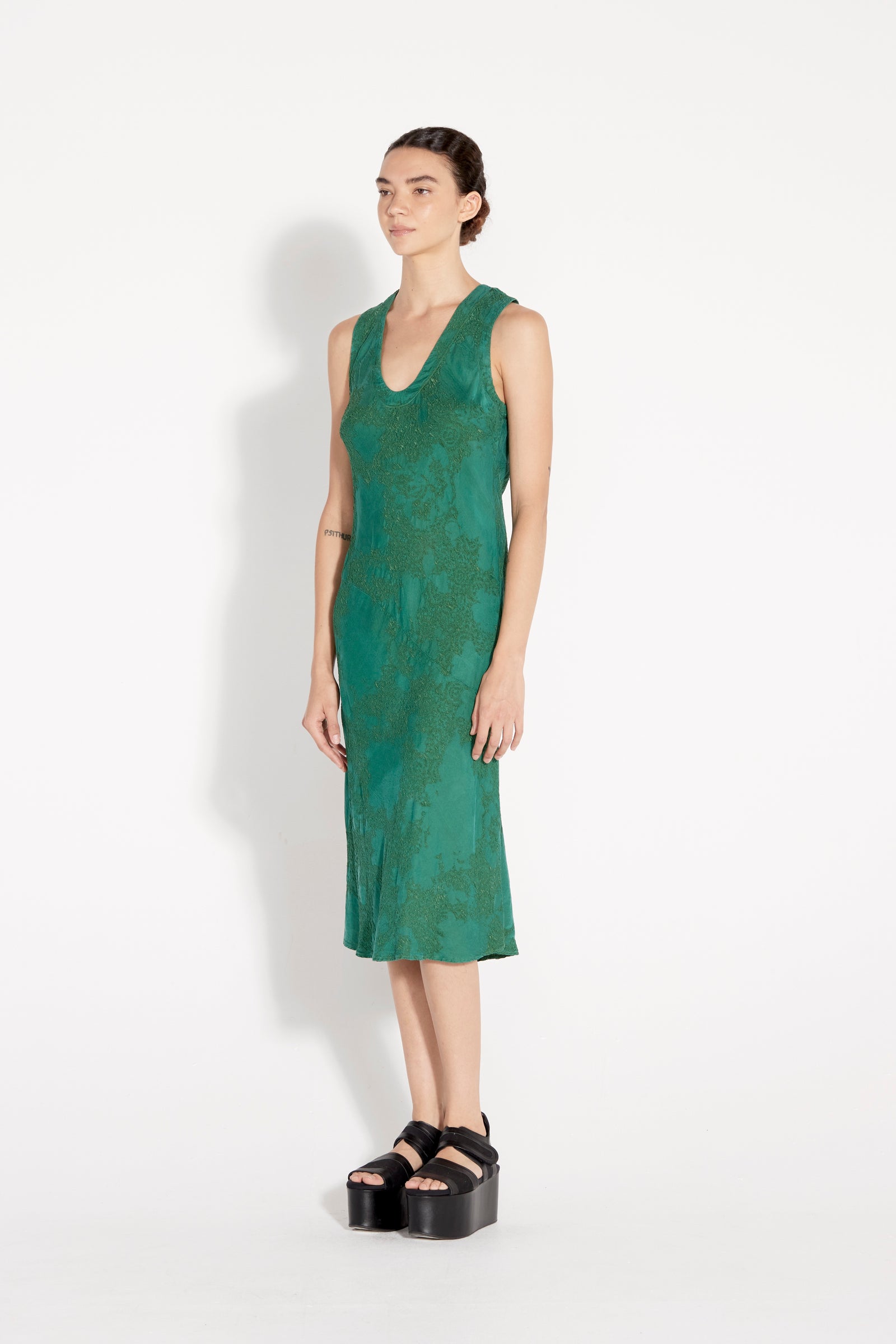 Emerald Silk Jacquard Kennedy Midi Dress Full Side View