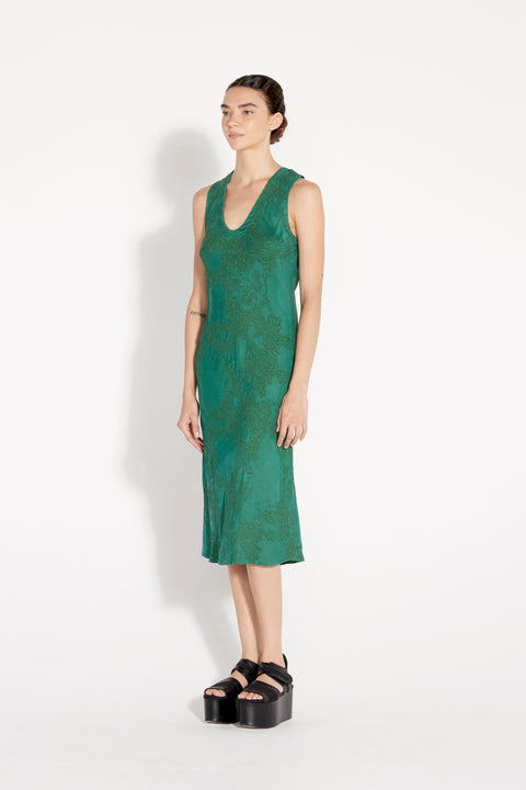 Emerald Silk Jacquard Kennedy Midi Dress Full Side View   View 2 