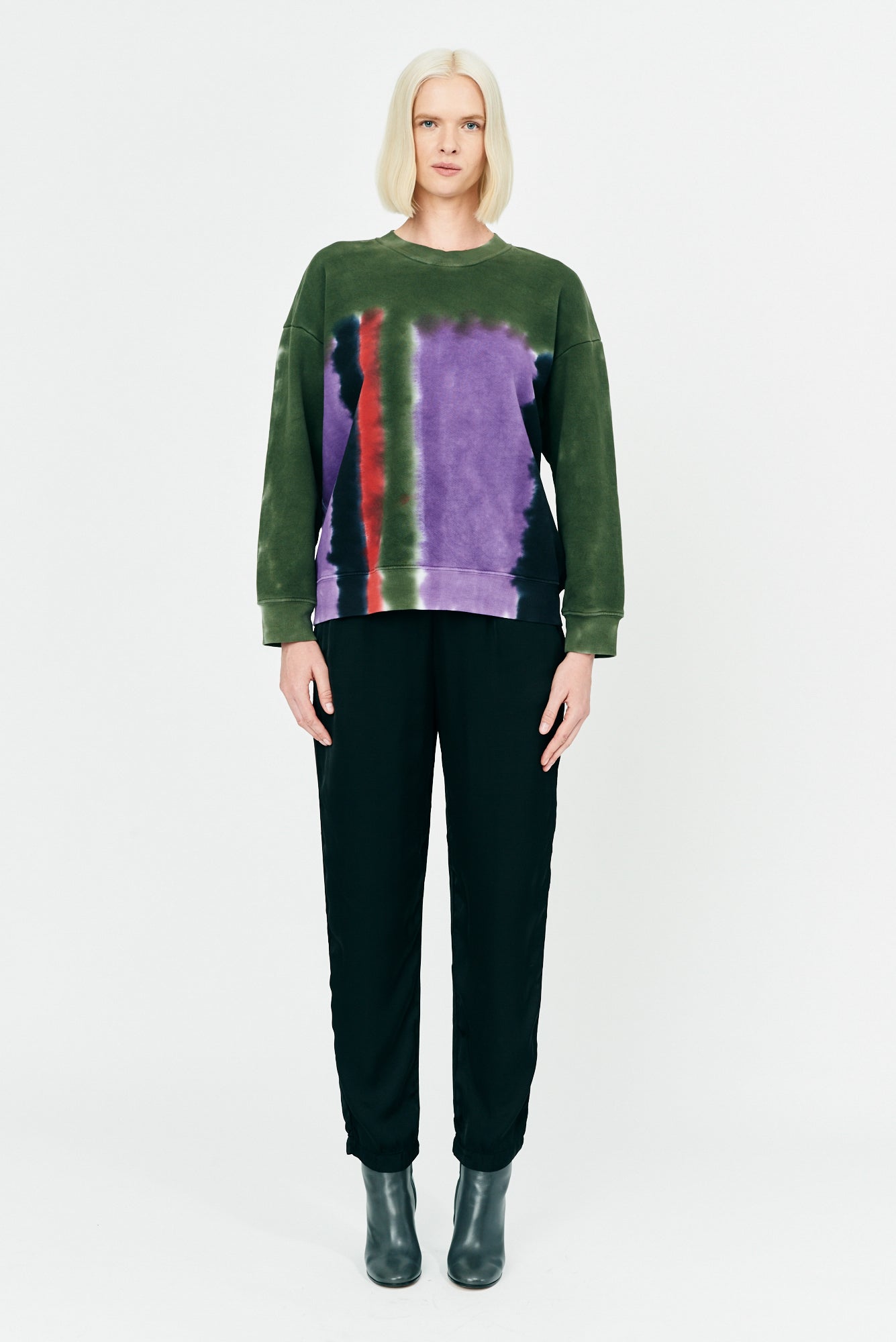 Modernist Tie Dye Painted Baby Rib and Fleece Drop Shoulder Sweatshirt Full Front View