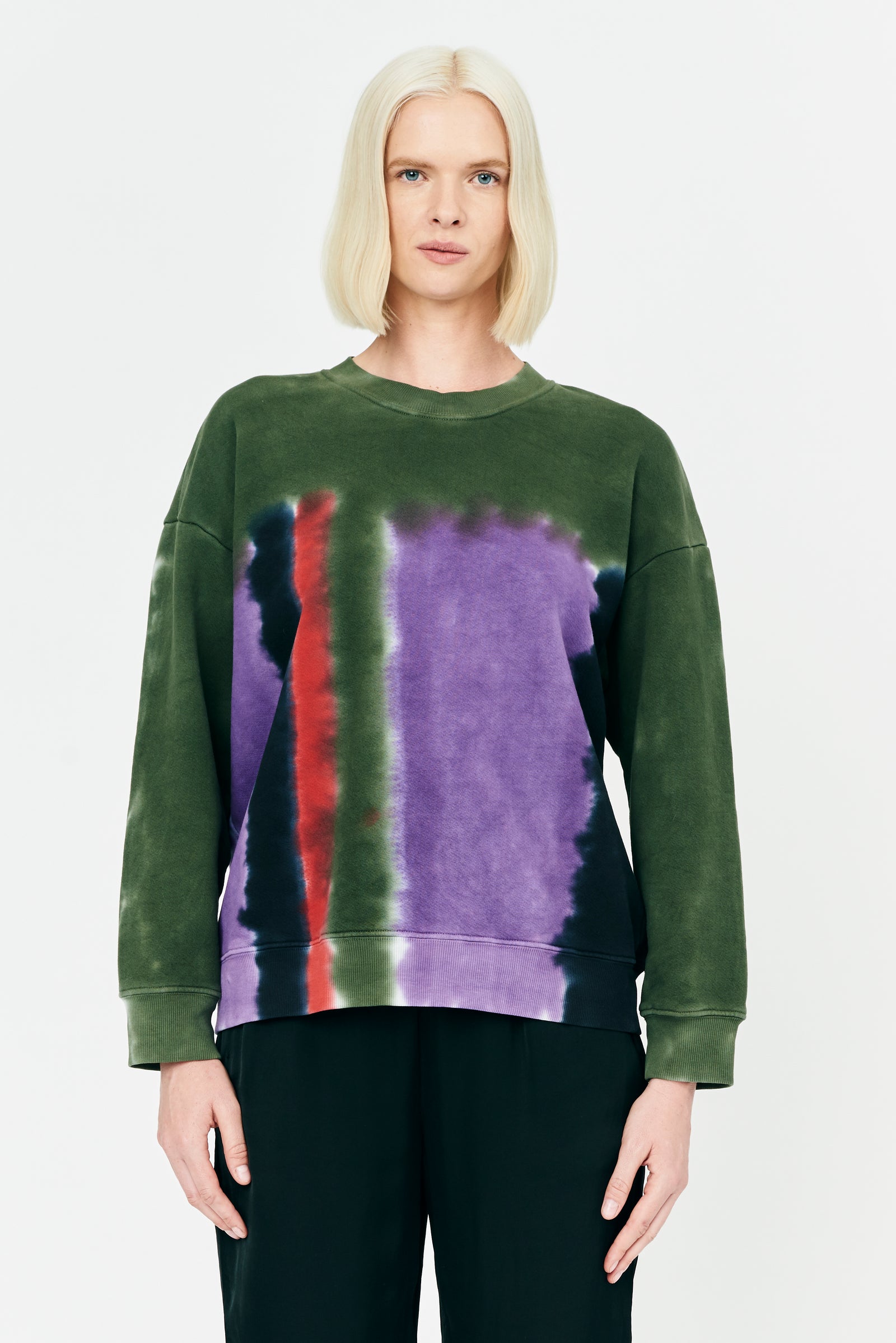 Modernist Tie Dye Painted Baby Rib and Fleece Drop Shoulder Sweatshirt Front Close-Up View
