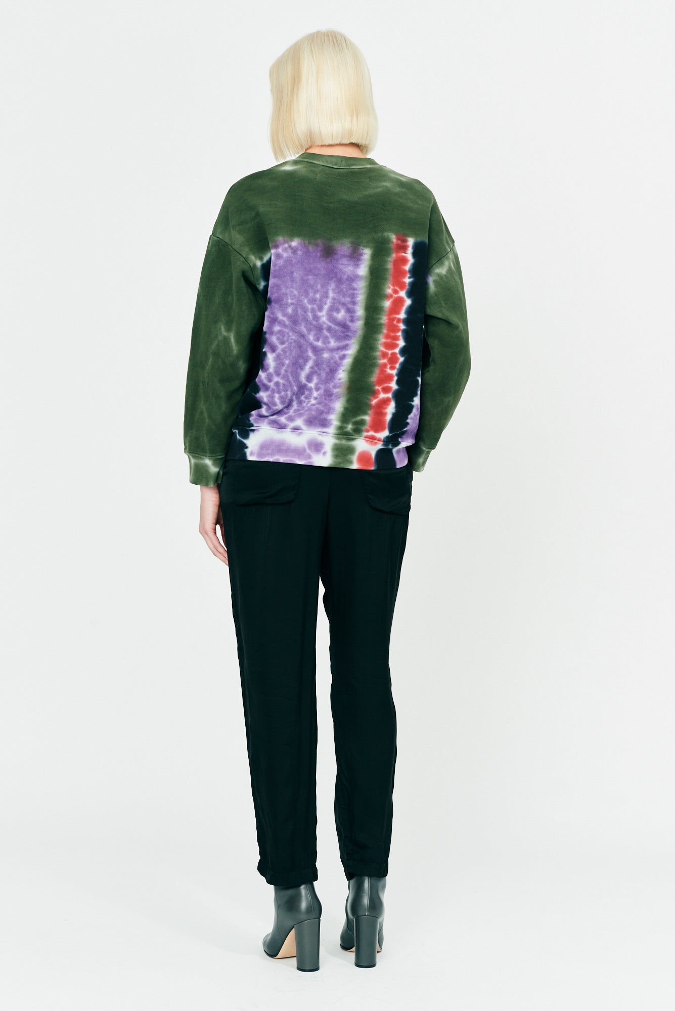 Modernist Tie Dye Painted Baby Rib and Fleece Drop Shoulder Sweatshirt Full Back View