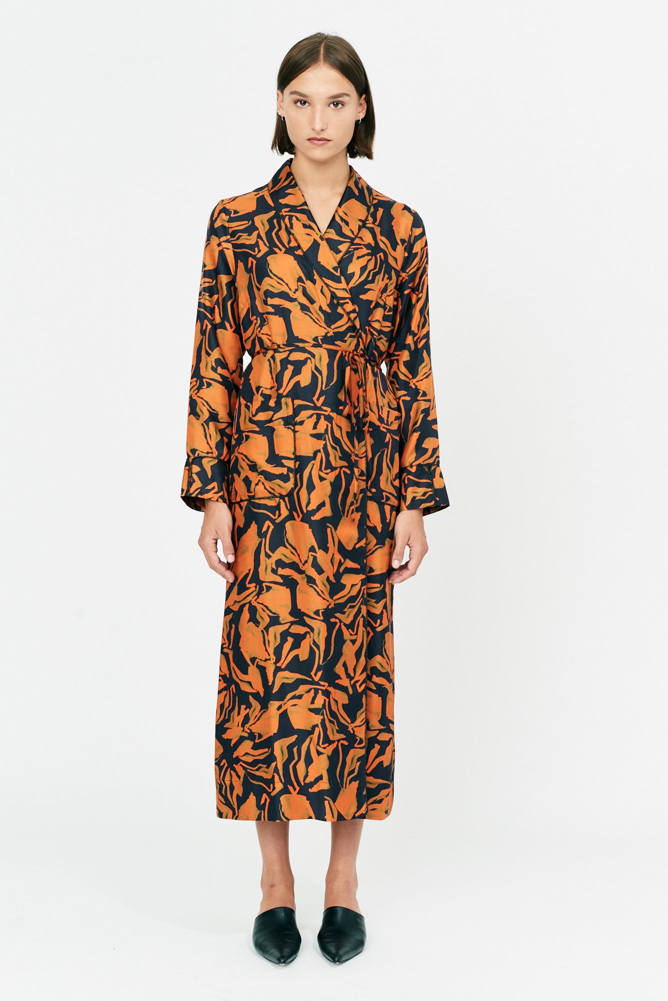Painted Abstract Forest Vibrations Silk Print Robe Dress Full Front View