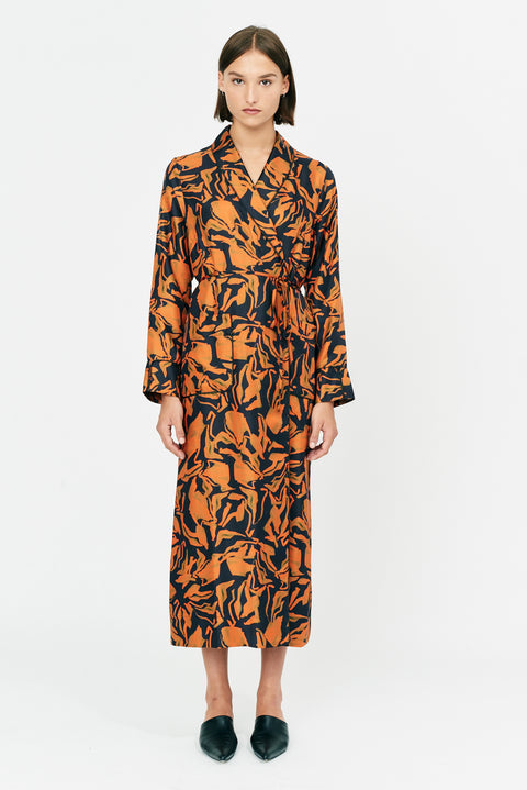 Painted Abstract Forest Vibrations Silk Print Robe Dress Full Front View   View 1 