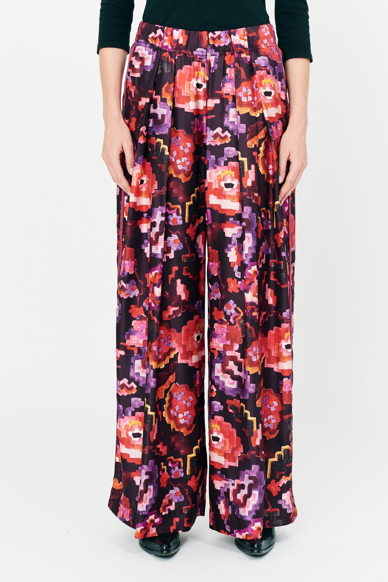 Painted Tapestry Fire Vibrations Silk Print Wide Leg Pant Front Close-Up View