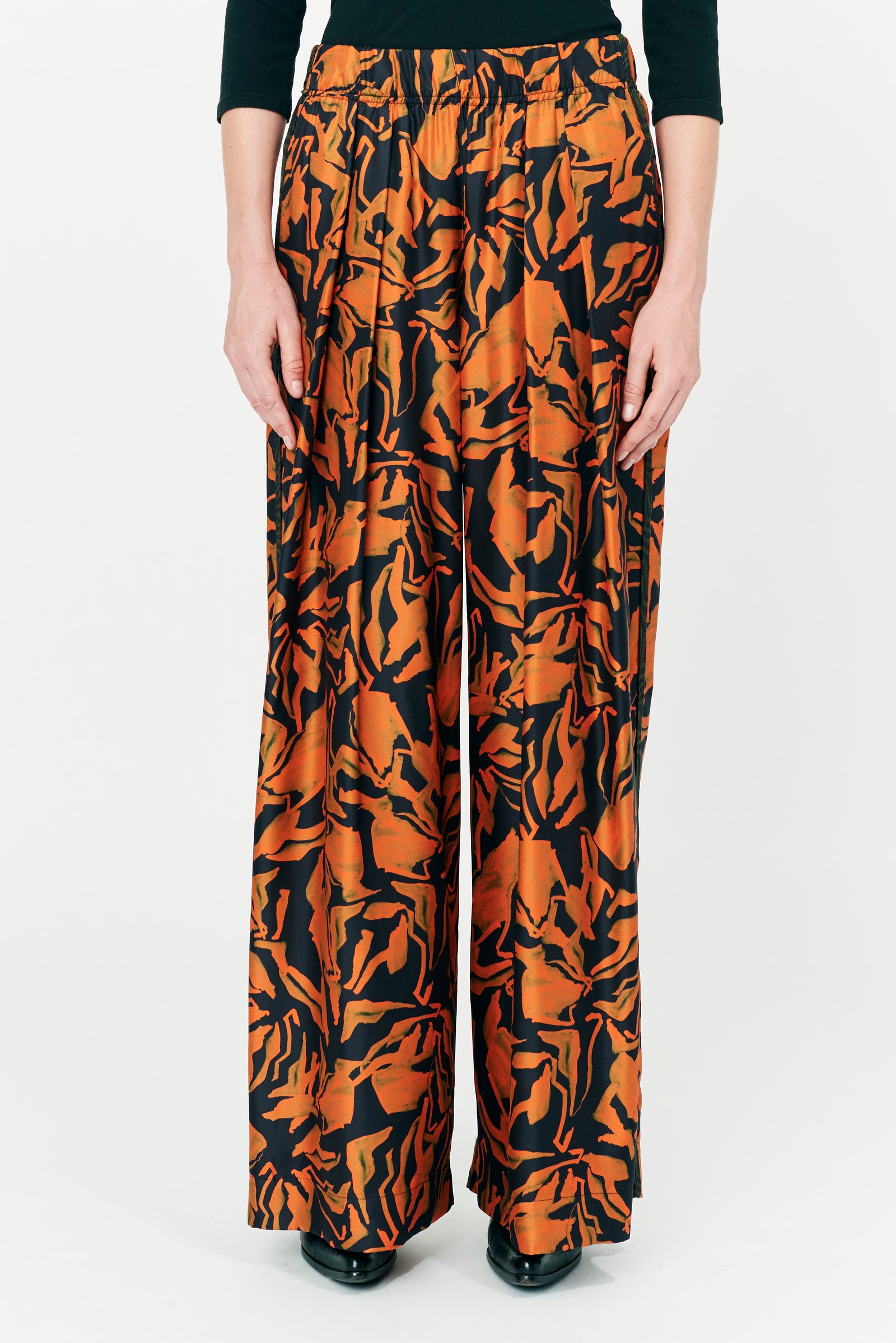 Painted Abstract Forest Vibrations Silk Print Wide Leg Pant Front Close-Up View
