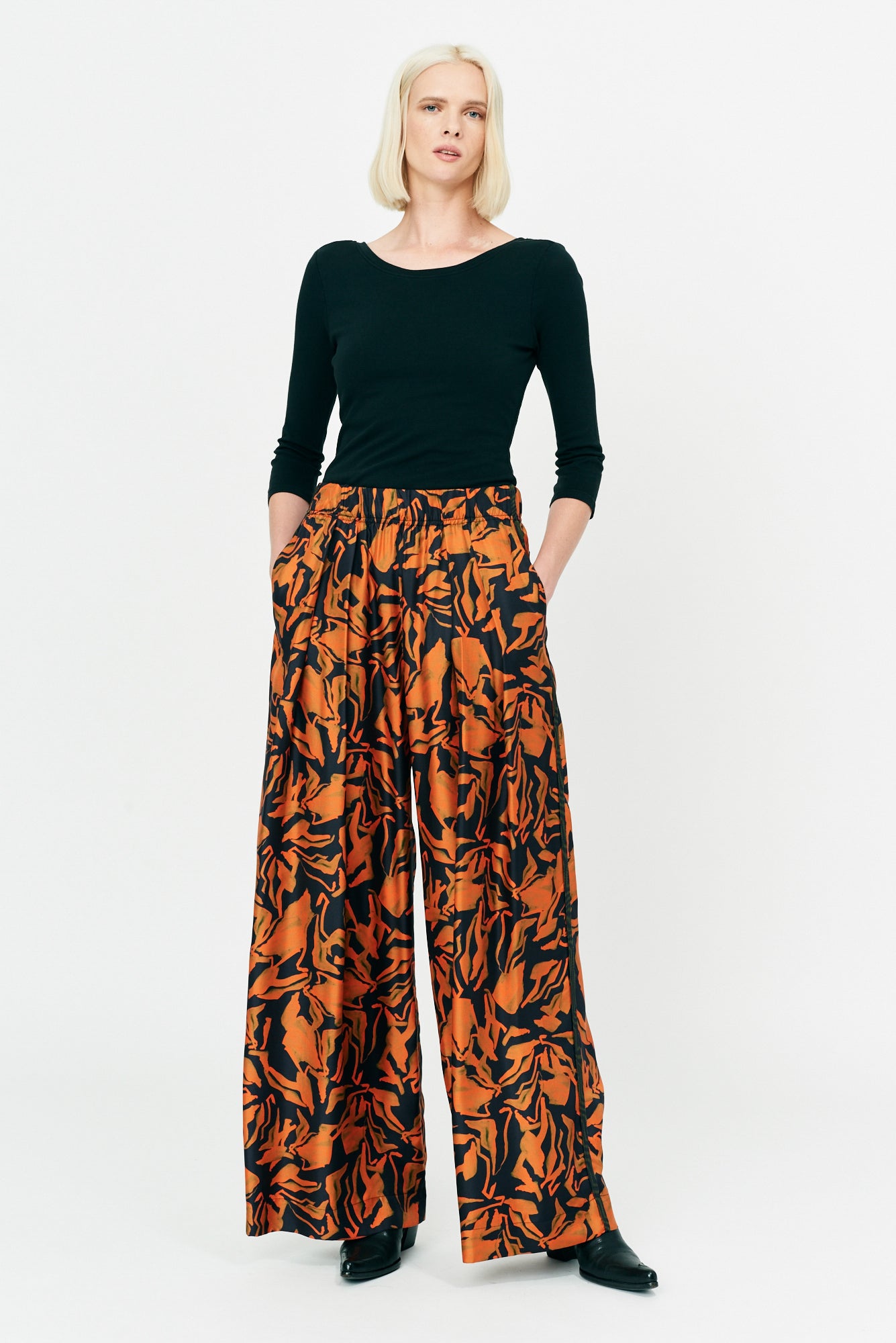Painted Abstract Forest Vibrations Silk Print Wide Leg Pant Full Front View