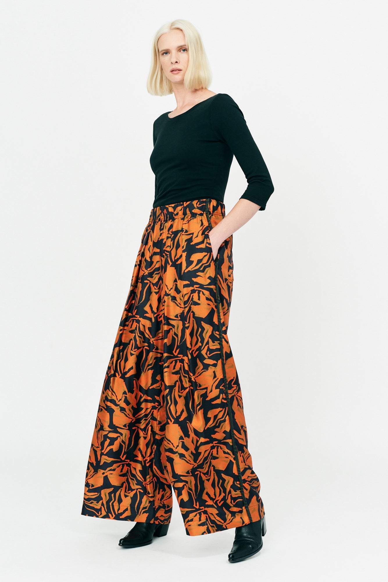Painted Abstract Forest Vibrations Silk Print Wide Leg Pant Full Side View