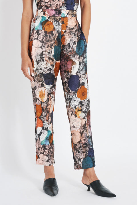 Flower Medley Print Silk Jacquard Jerry Pant Front Close-Up View   View 2 