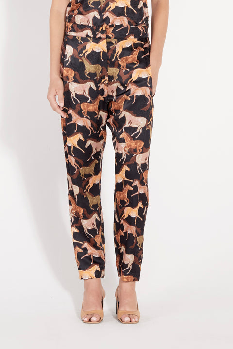 Horses Print Silk Jacquard Jerry Pant Front Close-Up View   View 3 
