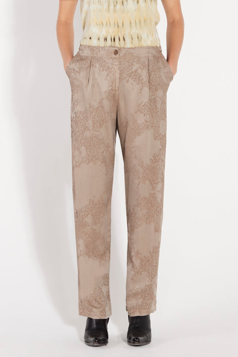 Taupe Silk Jacquard Bianca Pant Front Close-Up View   View 3 