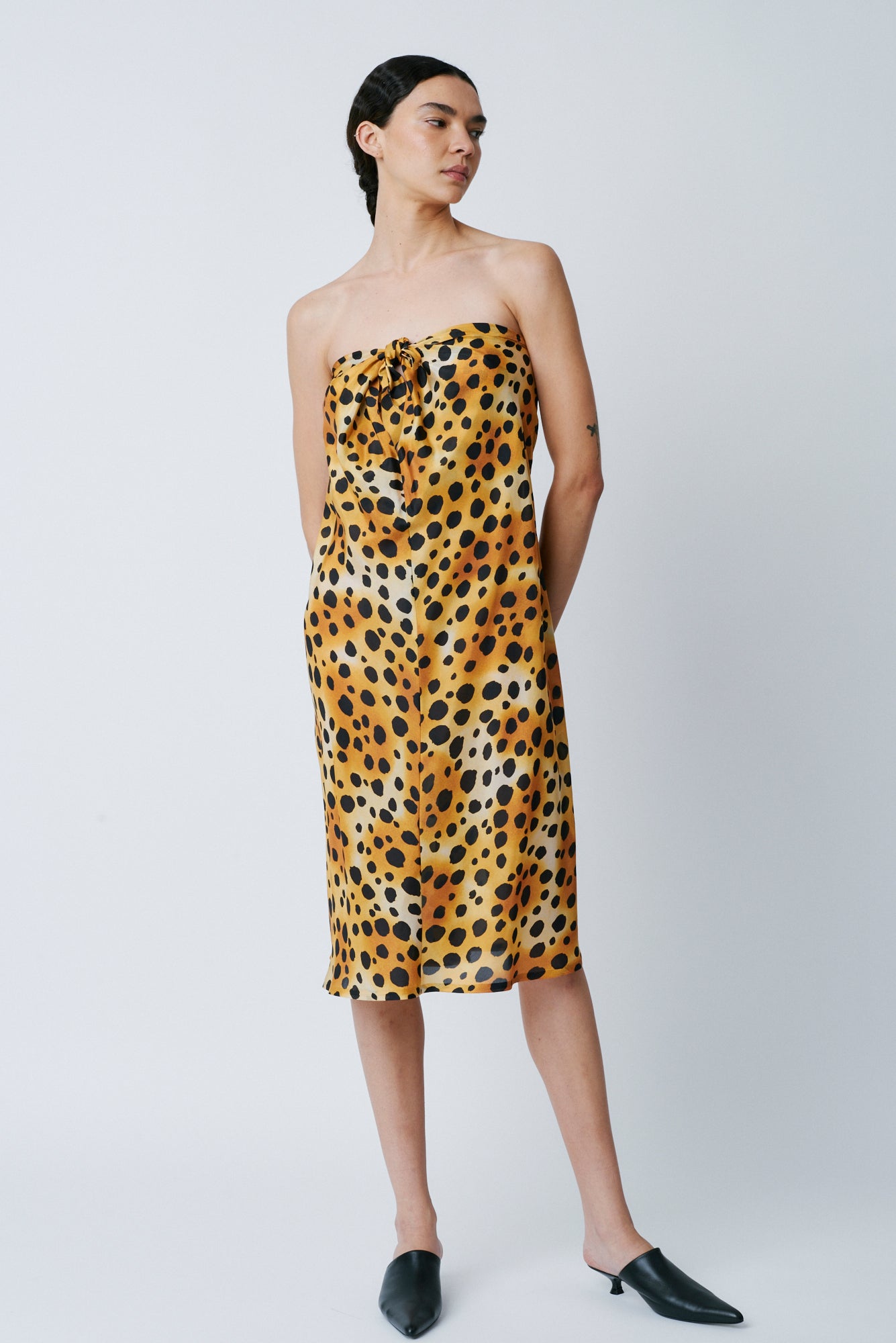 Classic Cheetah Vintage Wash Print Silk Draped Tie Dress Full Front View