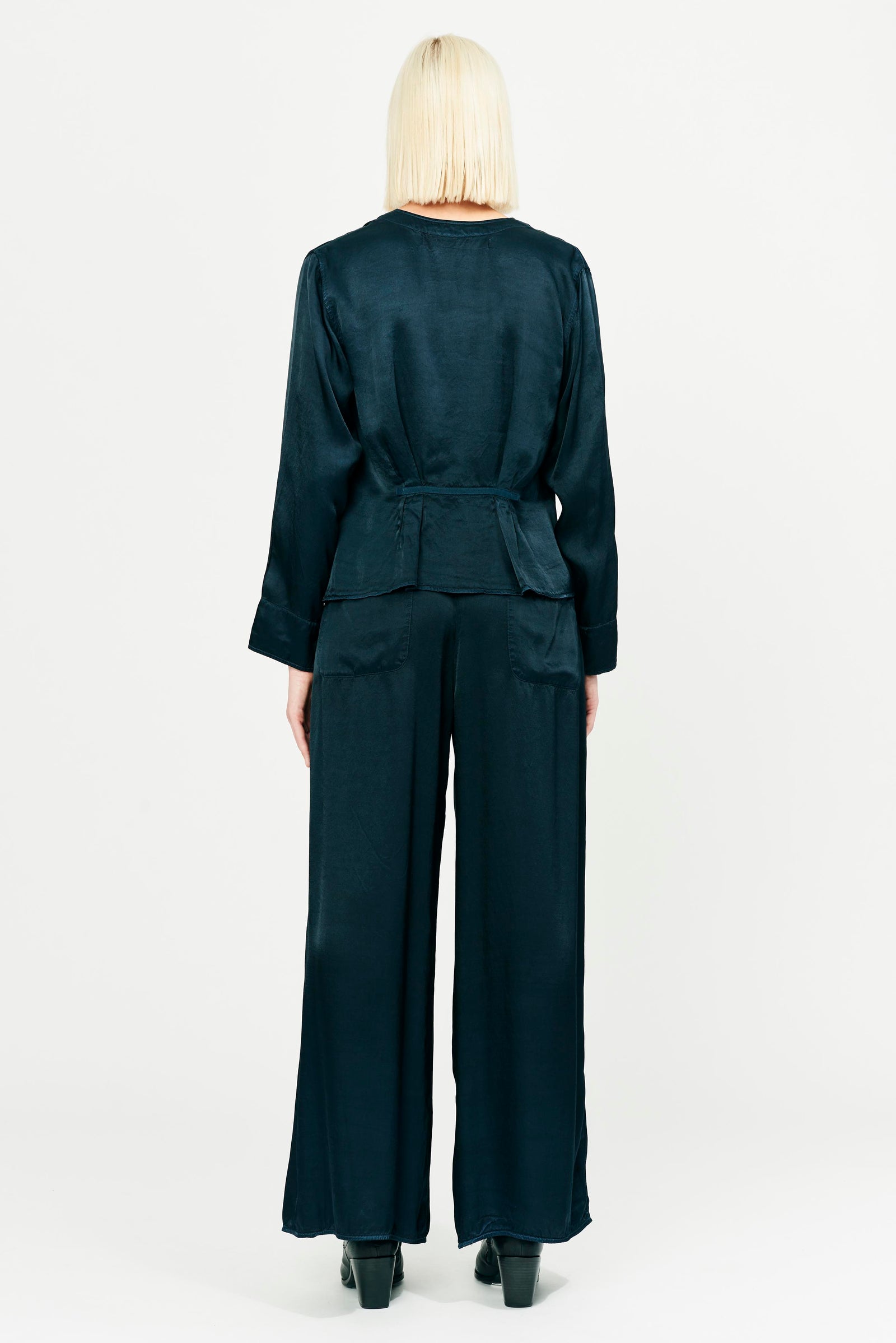 Midnight Pebble Satin Duster Pant Full Back View