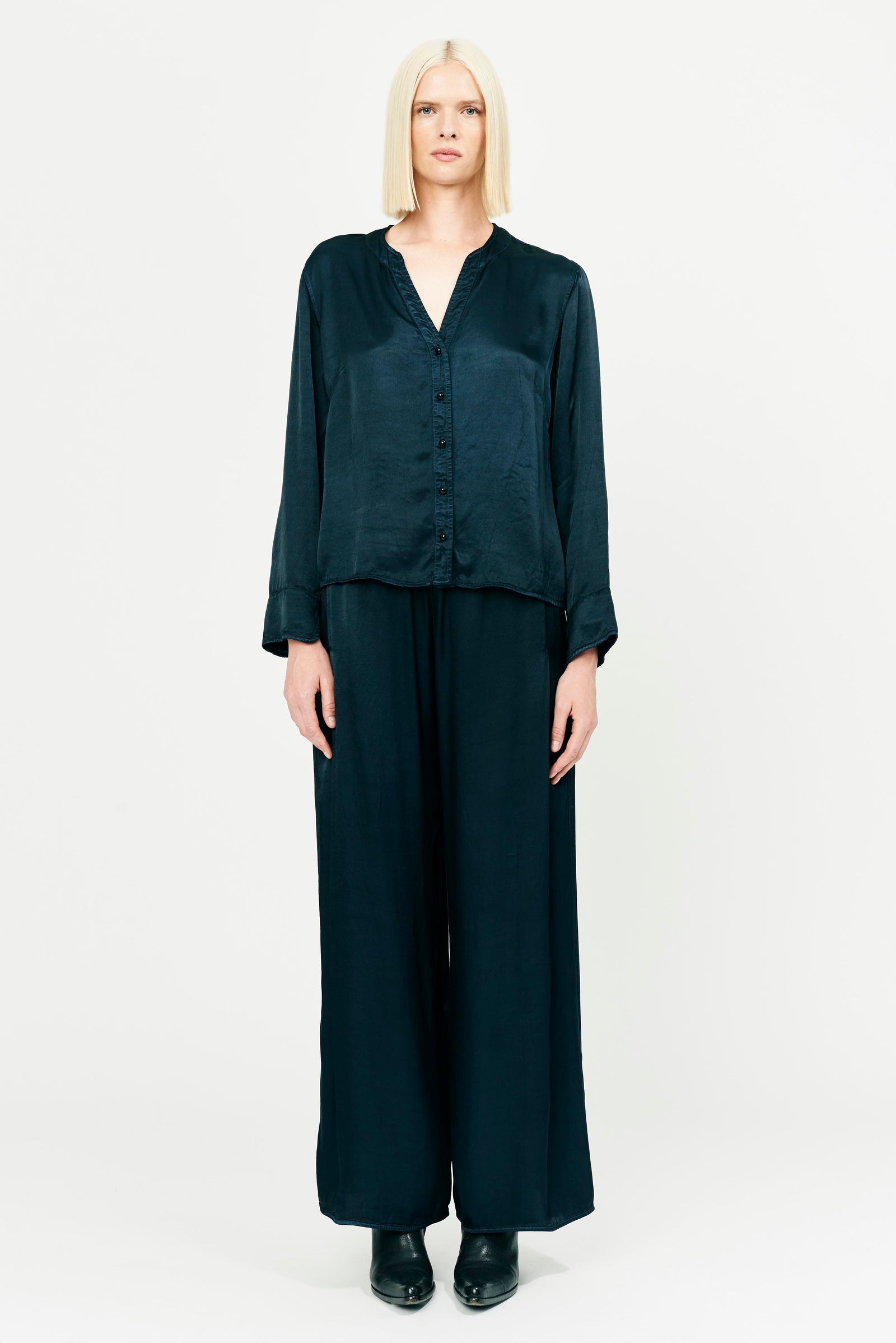 Midnight Pebble Satin Duster Pant Full Front View