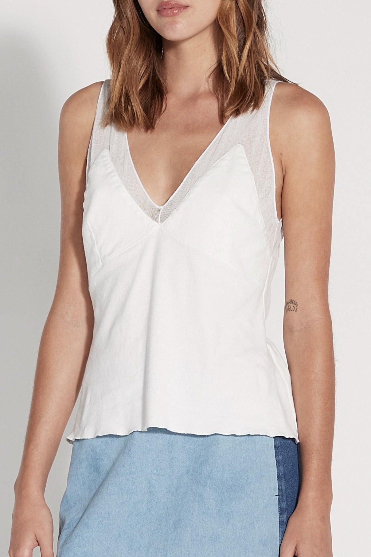 Washed White Cotton Mesh Poppy Tank Front Close-Up View