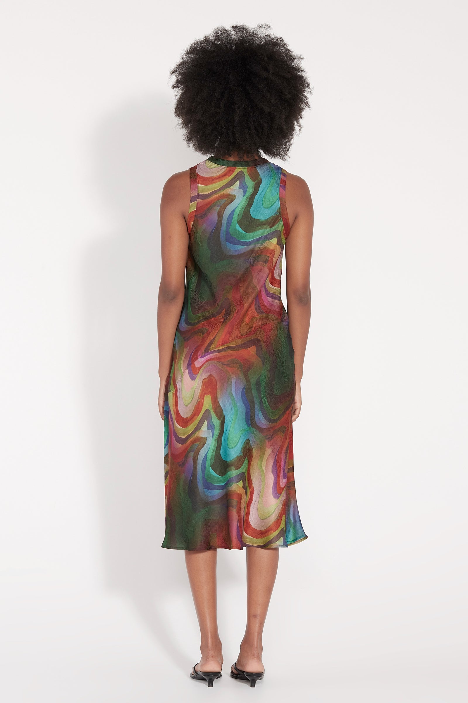 Multi Waves Silk Print Kennedy Midi Dress Full Back View