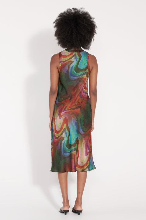 Multi Waves Silk Print Kennedy Midi Dress Full Back View   View 3 