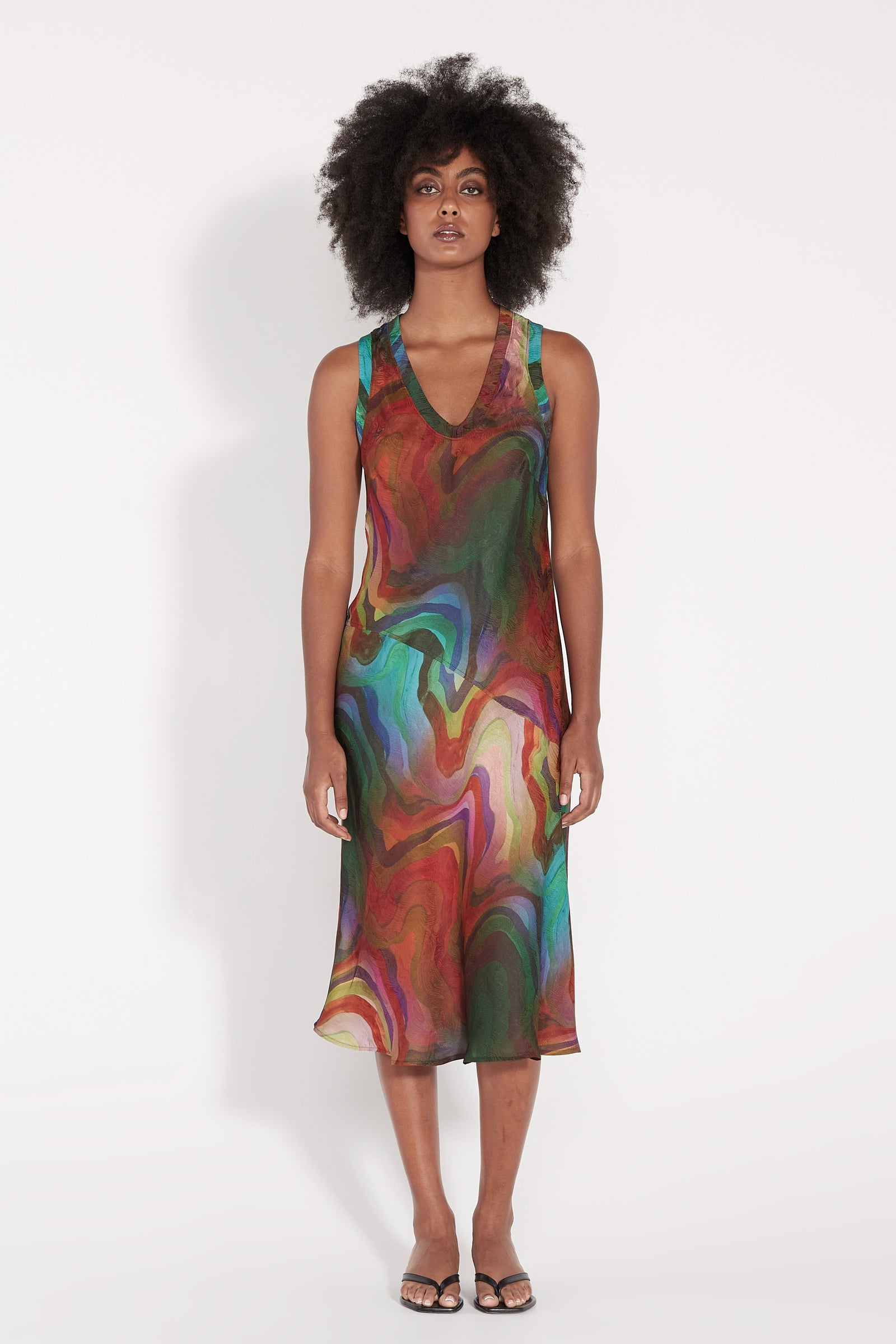 Multi Waves Silk Print Kennedy Midi Dress Full Front View