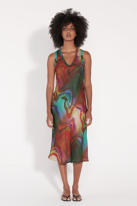 Multi Waves Silk Print Kennedy Midi Dress Full Front View   View 1 