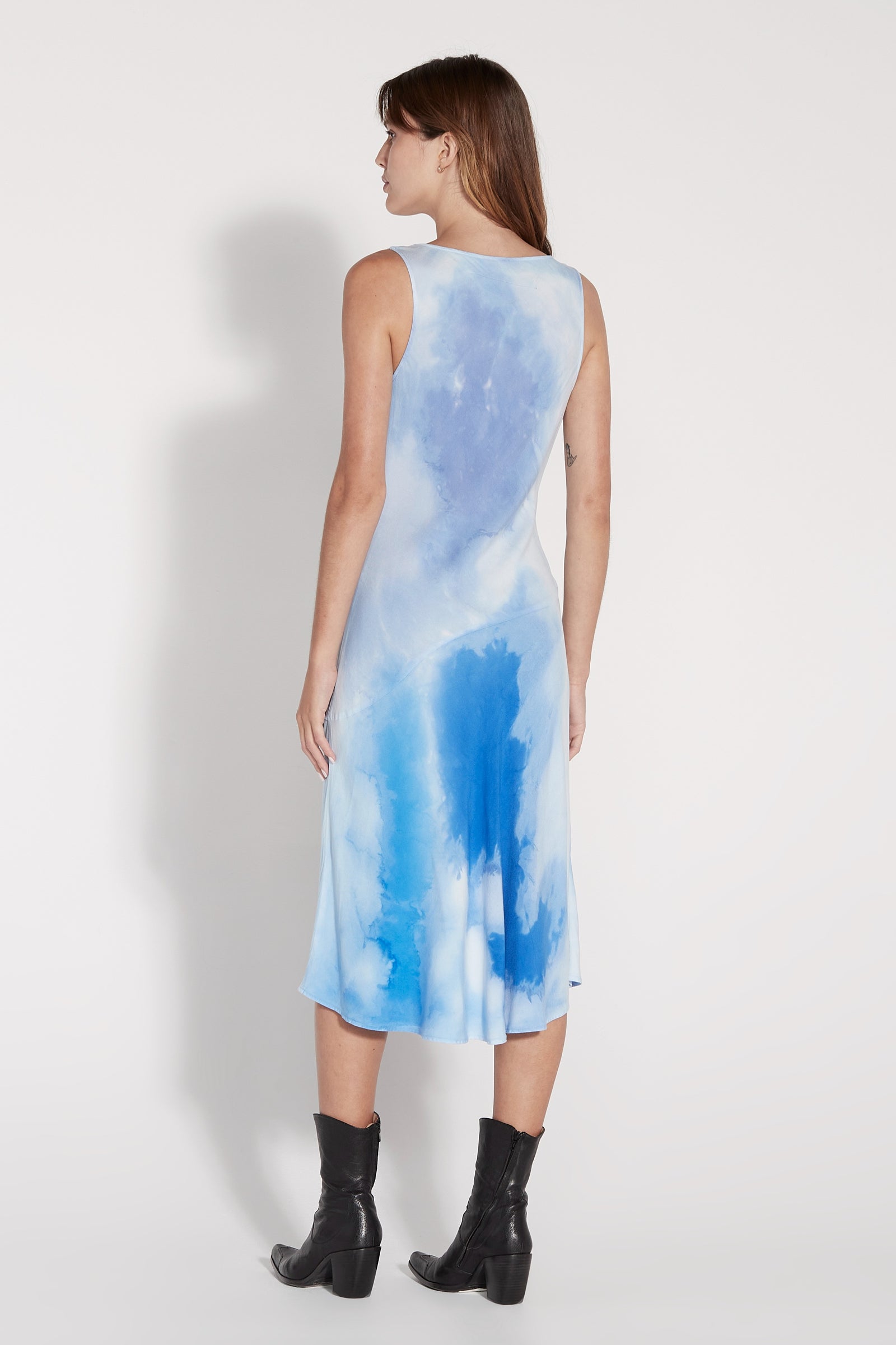 Blue Patchwork Water Color Viscose Linda Midi Dress Full Back View